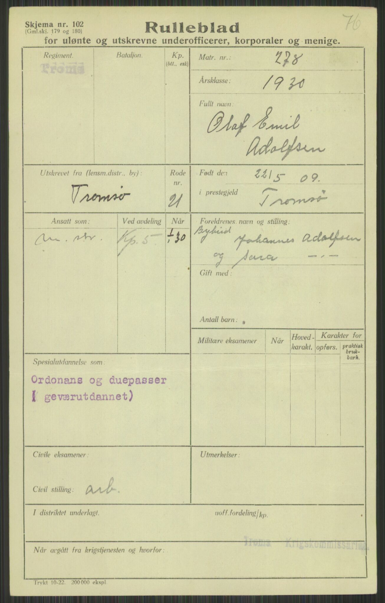 Forsvaret, Troms infanteriregiment nr. 16, AV/RA-RAFA-3146/P/Pa/L0014: Rulleblad for regimentets menige mannskaper, årsklasse 1930, 1930, s. 5