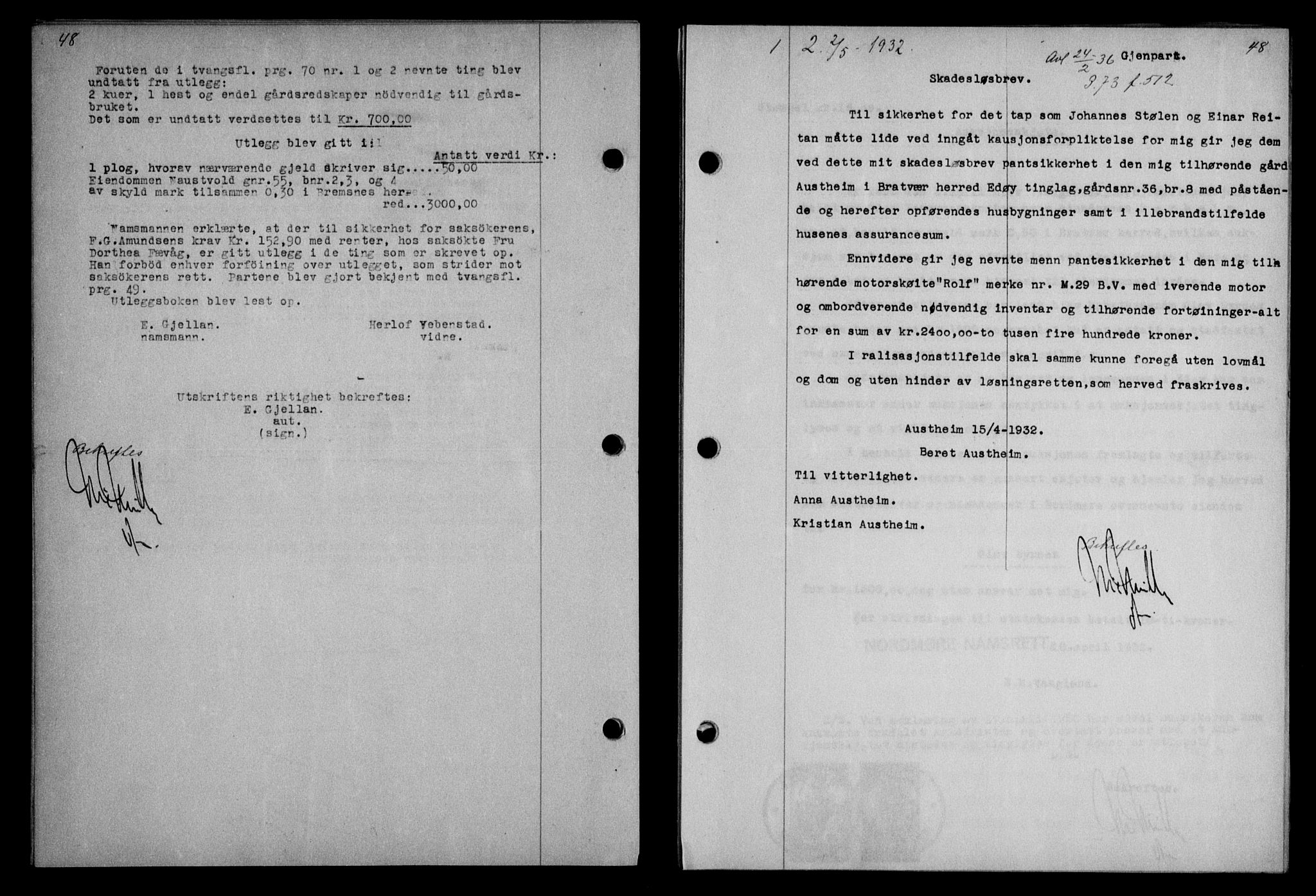 Nordmøre sorenskriveri, SAT/A-4132/1/2/2Ca/L0075: Pantebok nr. 65, 1932-1932, Tingl.dato: 02.05.1932