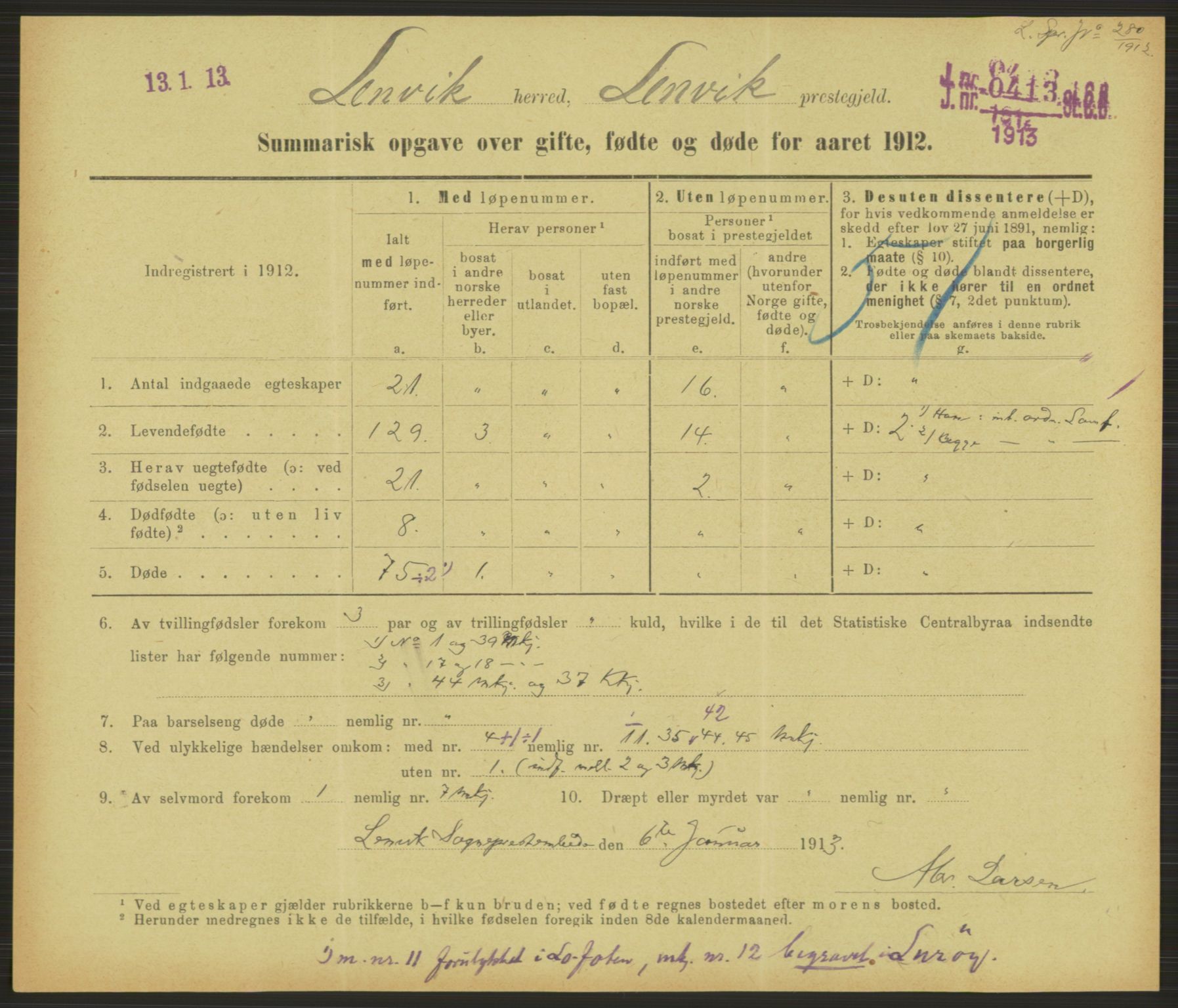 Statistisk sentralbyrå, Sosiodemografiske emner, Befolkning, RA/S-2228/D/Df/Dfb/Dfbb/L0052: Summariske oppgaver over gifte, fødte og døde for hele landet., 1912, s. 1489