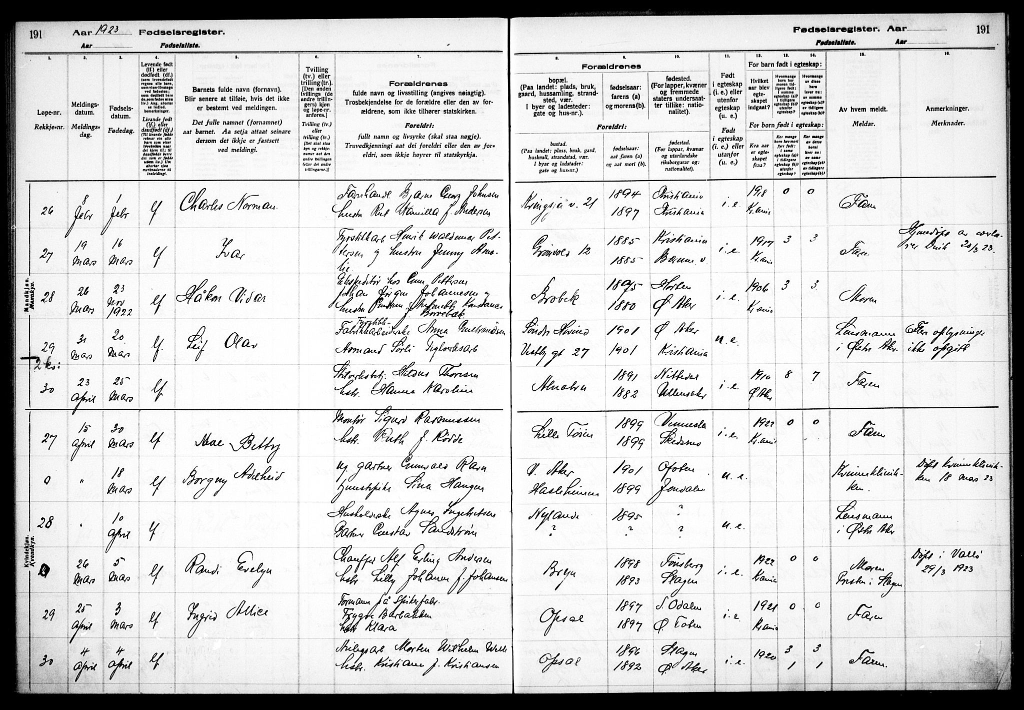 Østre Aker prestekontor Kirkebøker, AV/SAO-A-10840/J/Ja/L0001: Fødselsregister nr. I 1, 1916-1923, s. 191