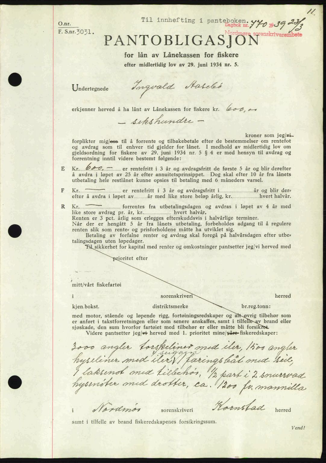 Nordmøre sorenskriveri, AV/SAT-A-4132/1/2/2Ca: Pantebok nr. B85, 1939-1939, Dagboknr: 770/1939