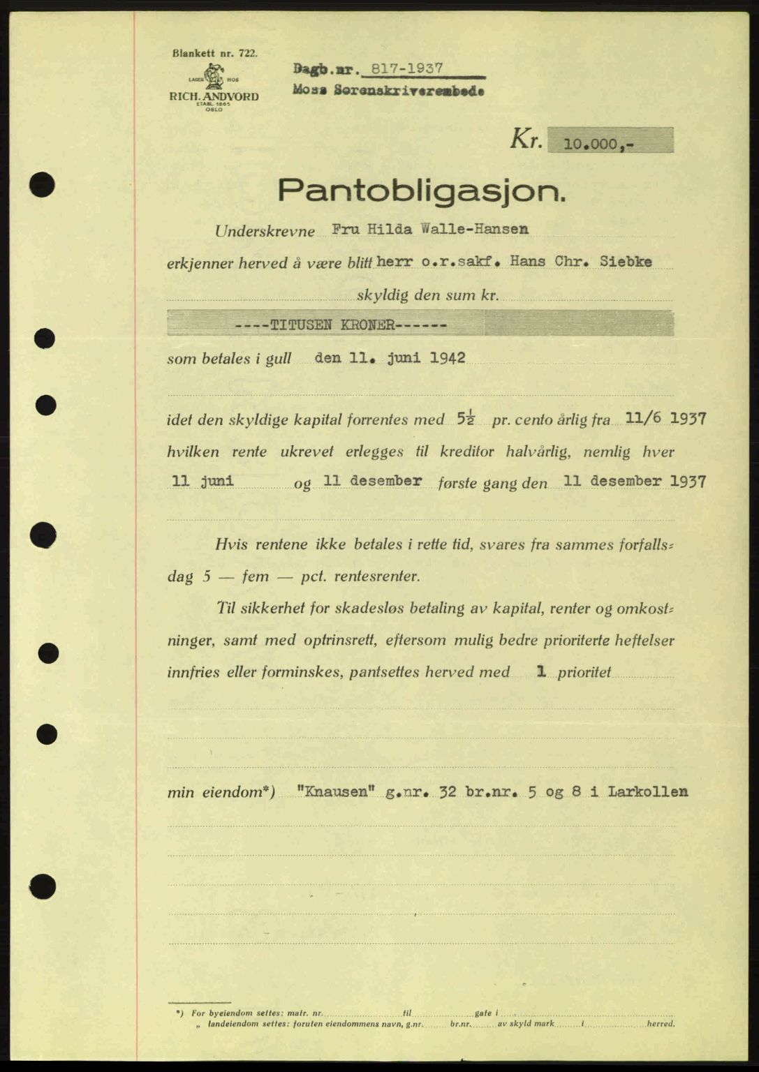 Moss sorenskriveri, SAO/A-10168: Pantebok nr. B3, 1937-1937, Dagboknr: 817/1937