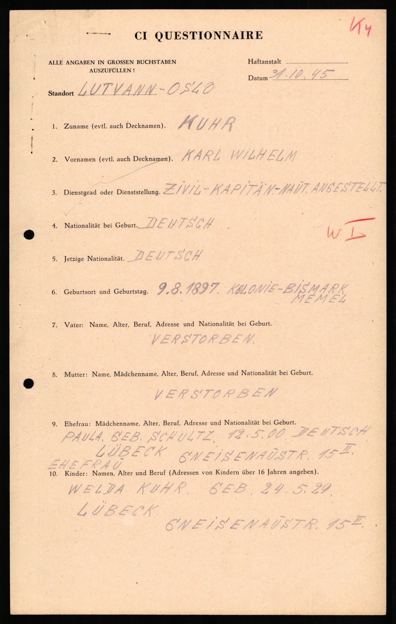 Forsvaret, Forsvarets overkommando II, AV/RA-RAFA-3915/D/Db/L0018: CI Questionaires. Tyske okkupasjonsstyrker i Norge. Tyskere., 1945-1946, s. 457