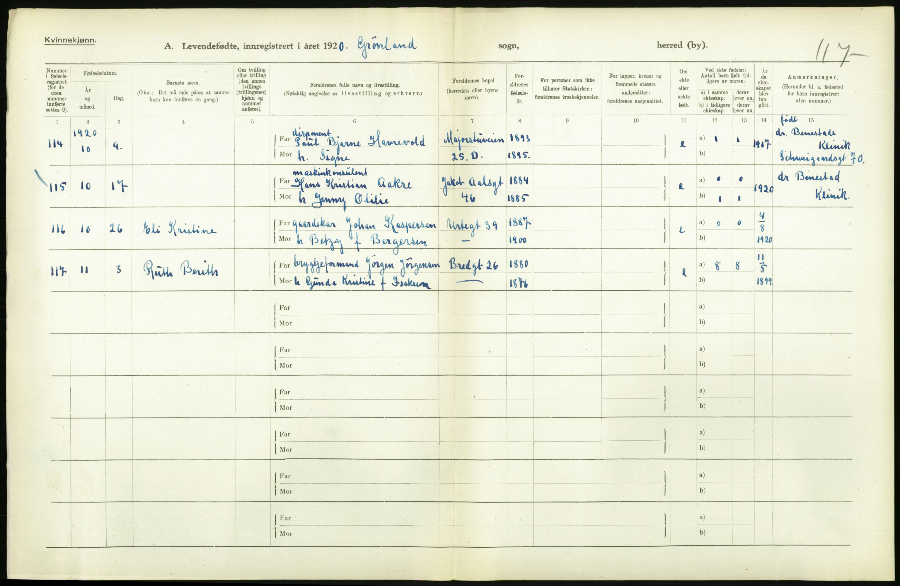 Statistisk sentralbyrå, Sosiodemografiske emner, Befolkning, AV/RA-S-2228/D/Df/Dfb/Dfbj/L0008: Kristiania: Levendefødte menn og kvinner., 1920, s. 180