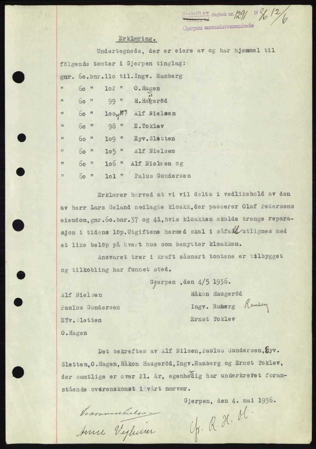 Gjerpen sorenskriveri, SAKO/A-216/G/Ga/Gae/L0067: Pantebok nr. A-66 - A-68, 1936-1937, Dagboknr: 1291/1936