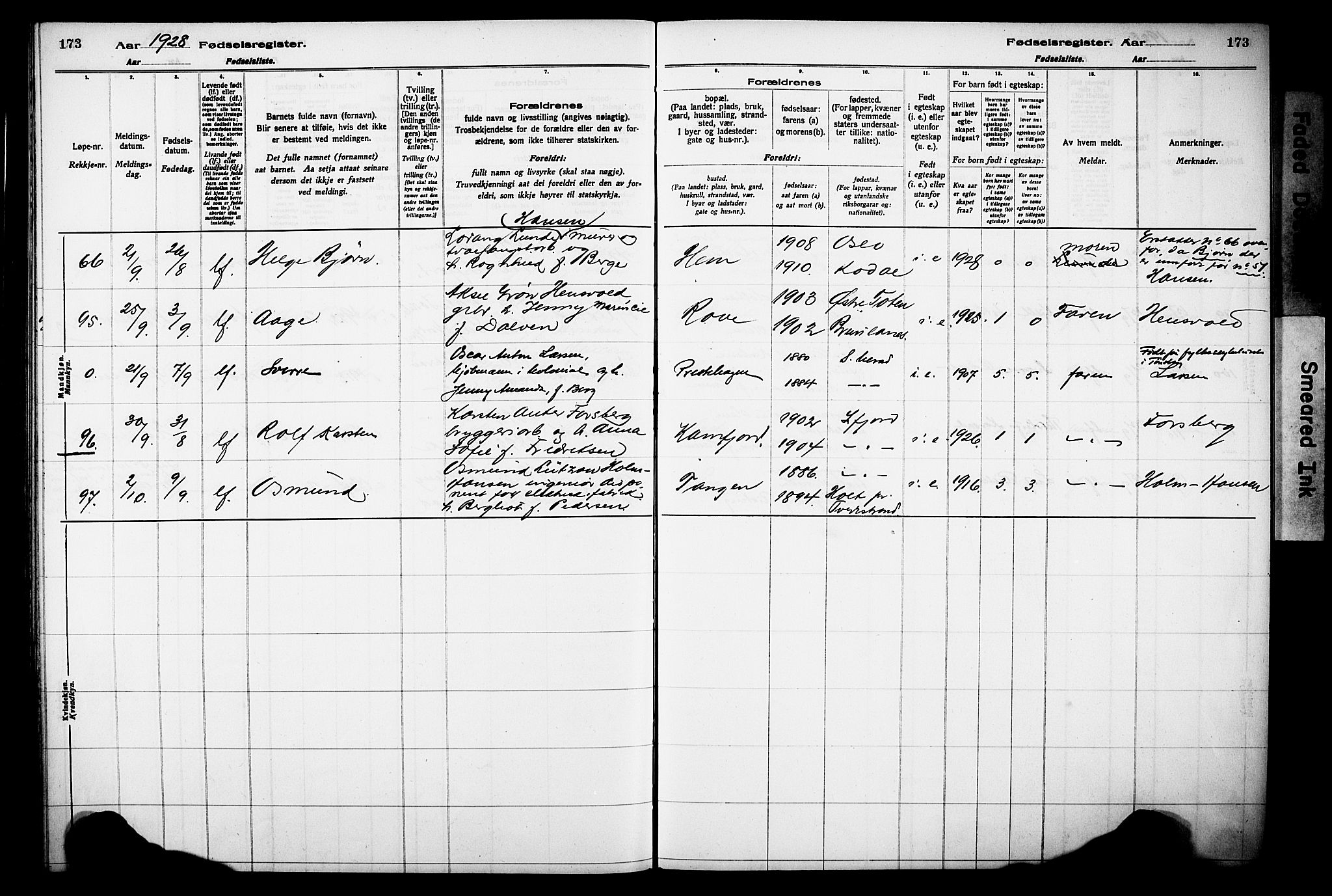 Sandar kirkebøker, AV/SAKO-A-243/J/Ja/L0002: Fødselsregister nr. 2, 1922-1929, s. 173