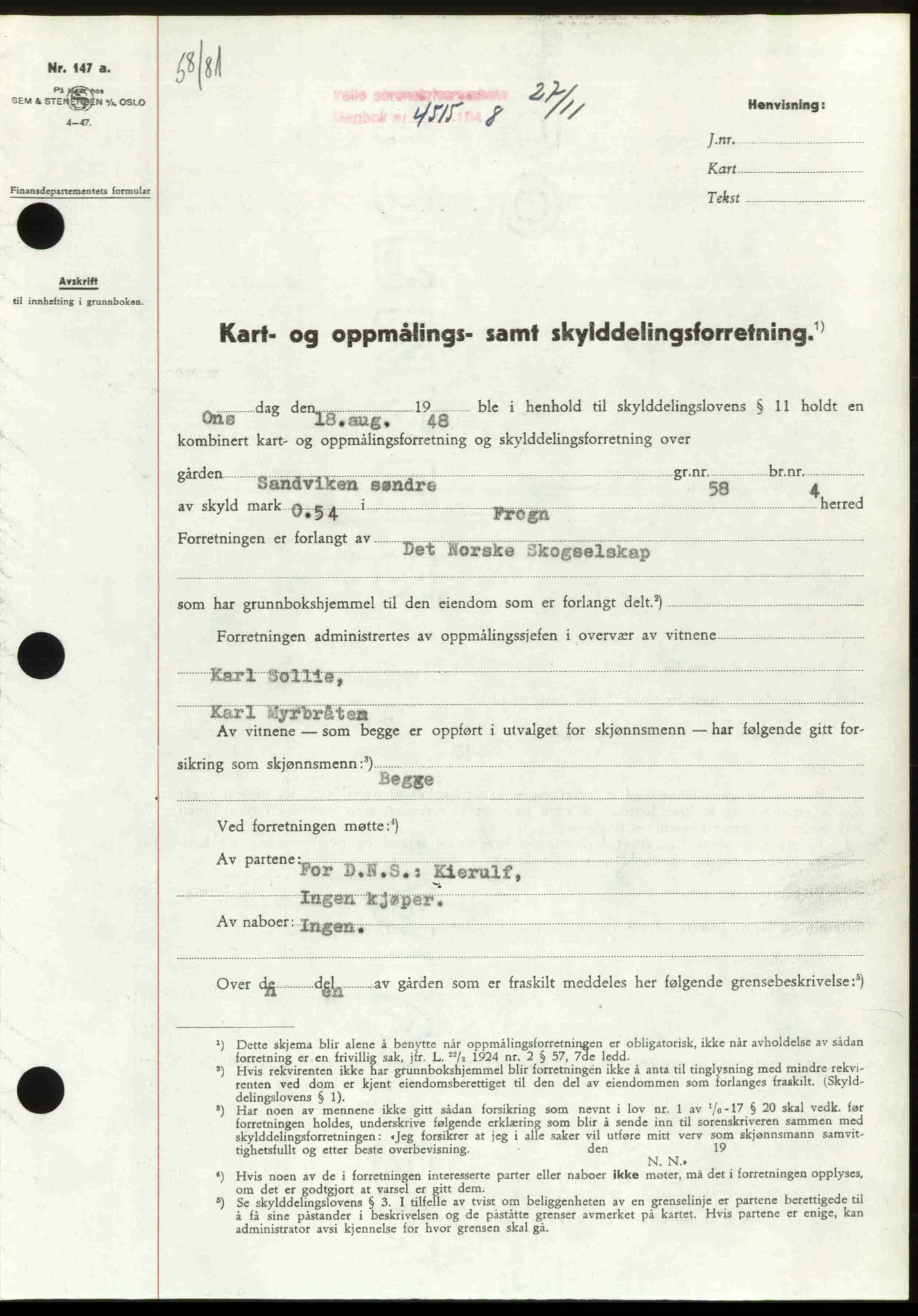Follo sorenskriveri, SAO/A-10274/G/Ga/Gaa/L0085: Pantebok nr. I 85, 1948-1948, Dagboknr: 4515/1948