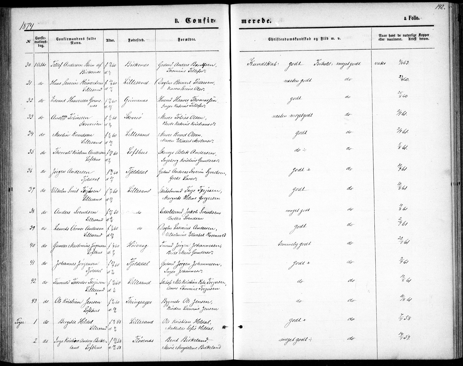 Vestre Moland sokneprestkontor, AV/SAK-1111-0046/F/Fb/Fbb/L0005: Klokkerbok nr. B 5, 1872-1883, s. 142