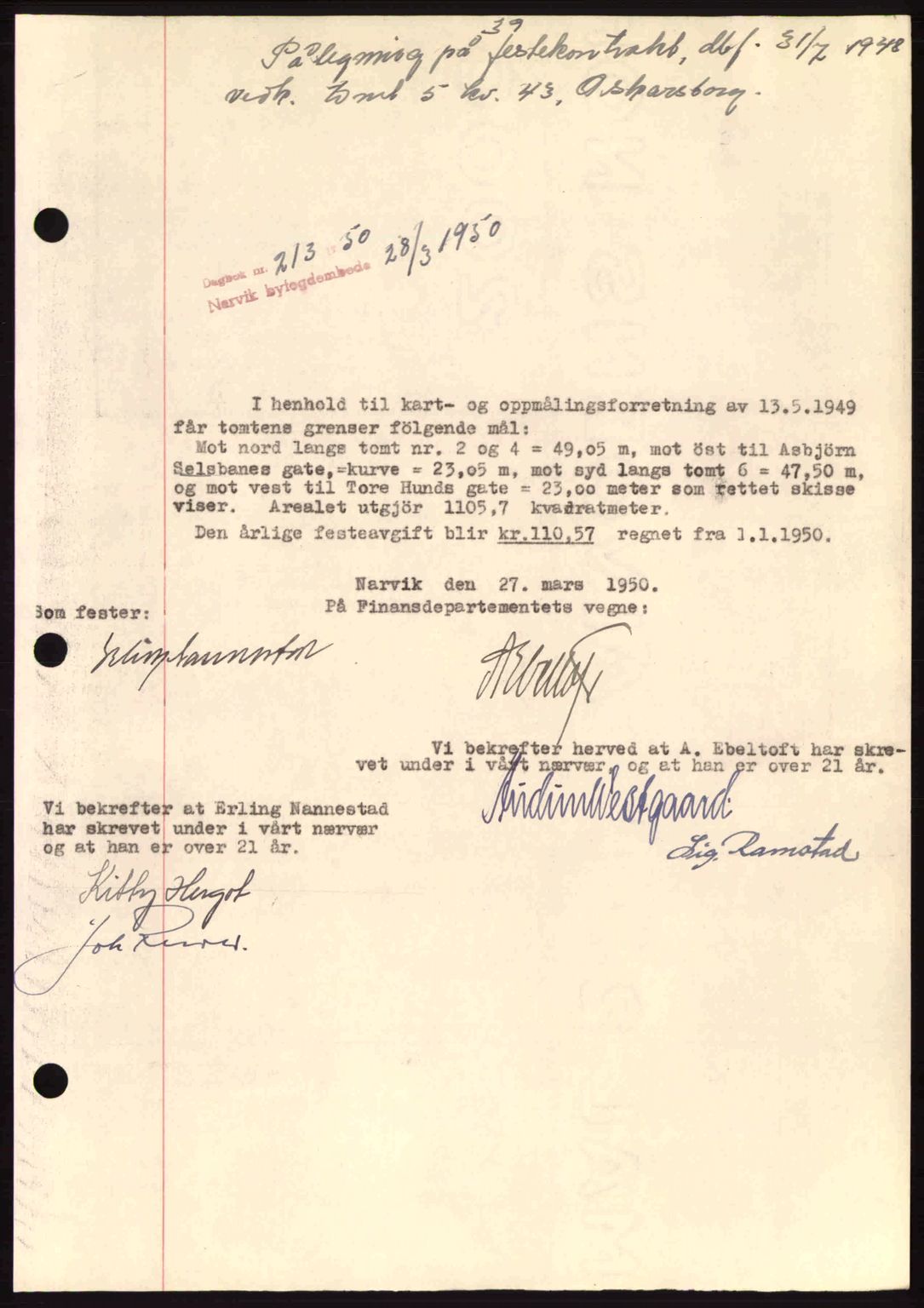 Narvik sorenskriveri, SAT/A-0002/1/2/2C/2Ca: Pantebok nr. A26, 1950-1950, Dagboknr: 213/1950