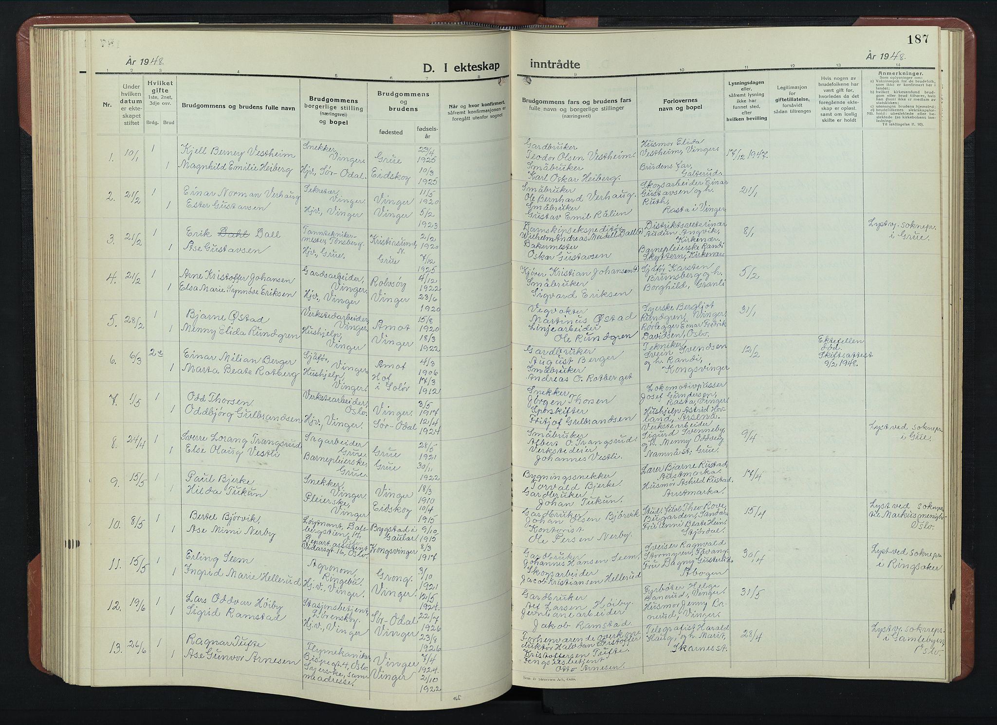 Vinger prestekontor, AV/SAH-PREST-024/H/Ha/Hab/L0007: Klokkerbok nr. 7, 1941-1955, s. 187
