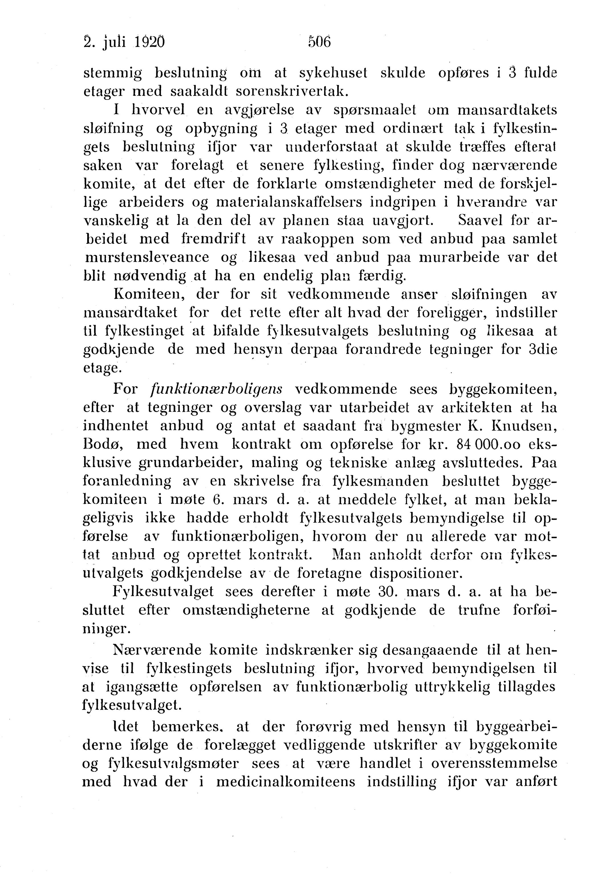 Nordland Fylkeskommune. Fylkestinget, AIN/NFK-17/176/A/Ac/L0043: Fylkestingsforhandlinger 1920, 1920