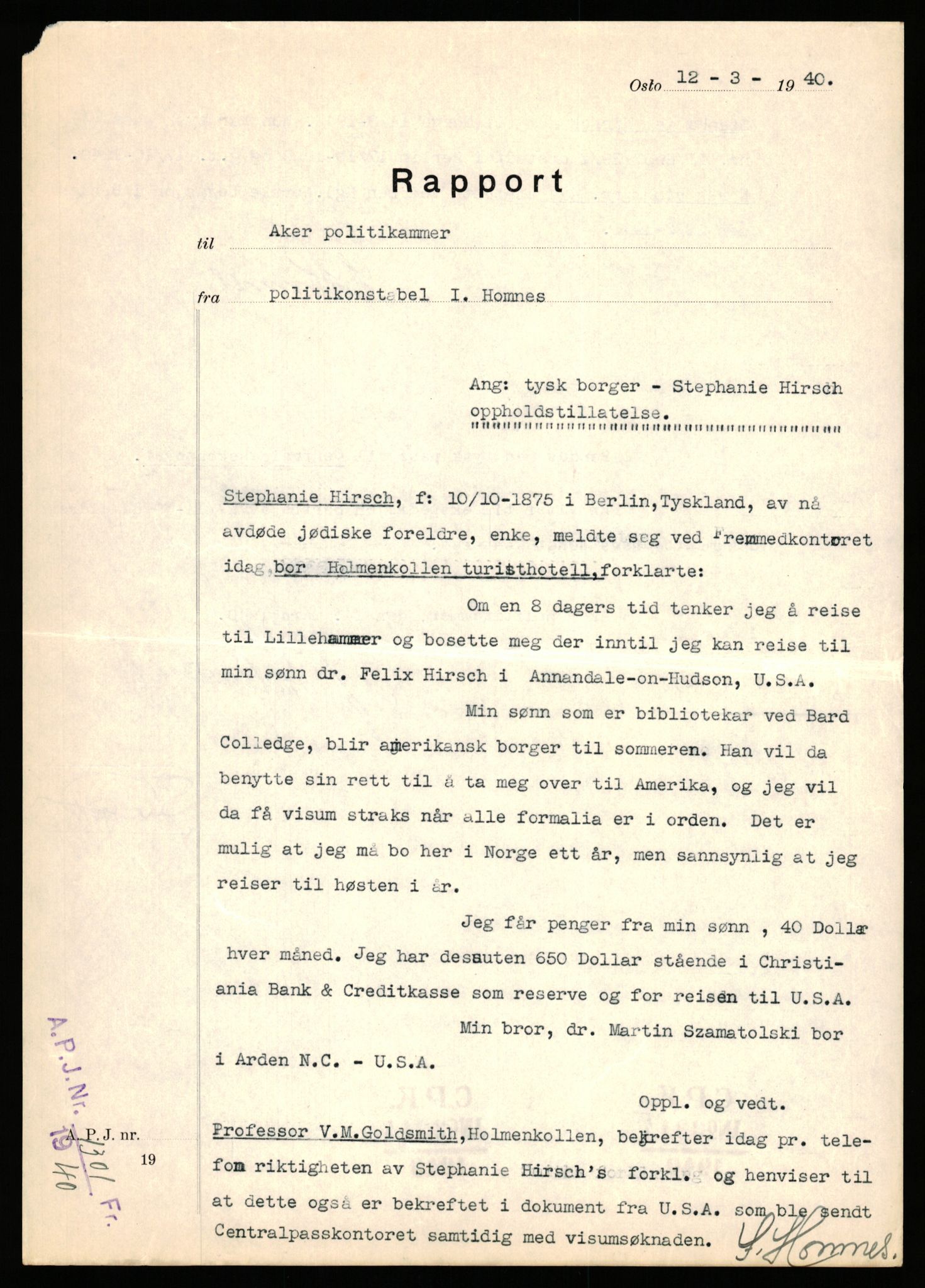 Sentralpasskontoret/Statens utlendingskontor, RA/S-1561/D/Da/Daa/L0344: Journalsaker, nr. 3290 - 3380, 1940, s. 11