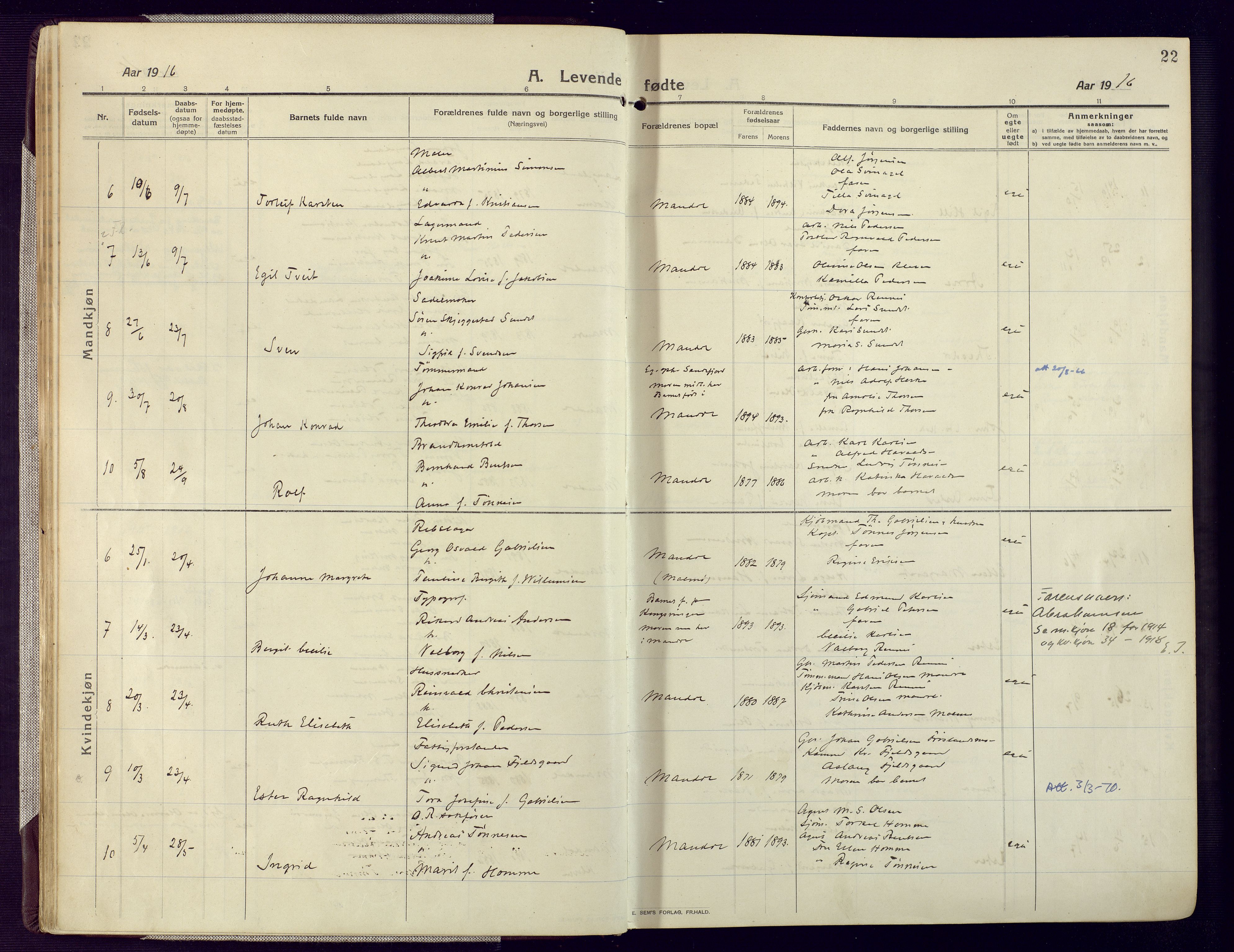 Mandal sokneprestkontor, SAK/1111-0030/F/Fa/Fac/L0001: Ministerialbok nr. A 1, 1913-1925, s. 22