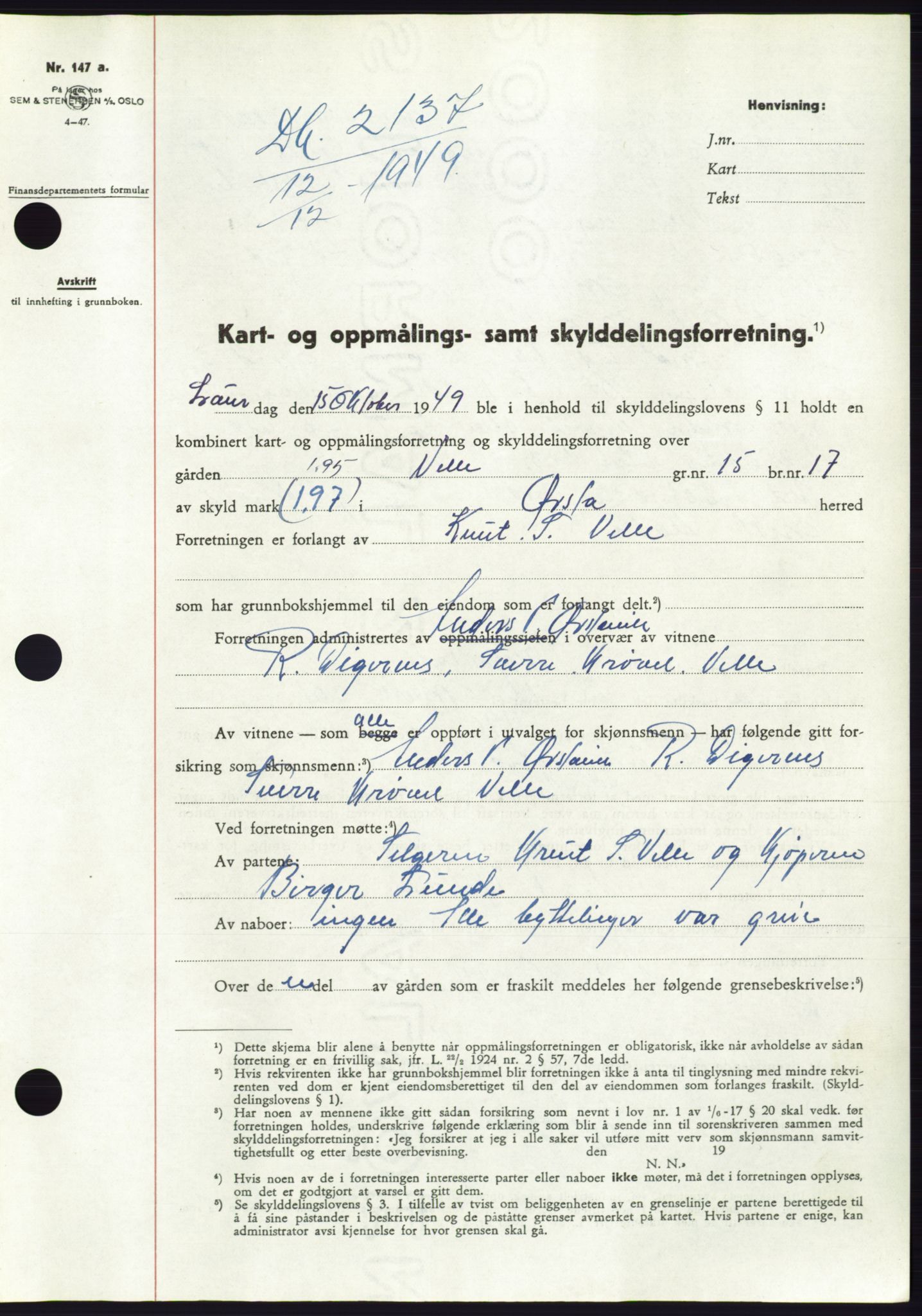 Søre Sunnmøre sorenskriveri, SAT/A-4122/1/2/2C/L0085: Pantebok nr. 11A, 1949-1949, Dagboknr: 2137/1949