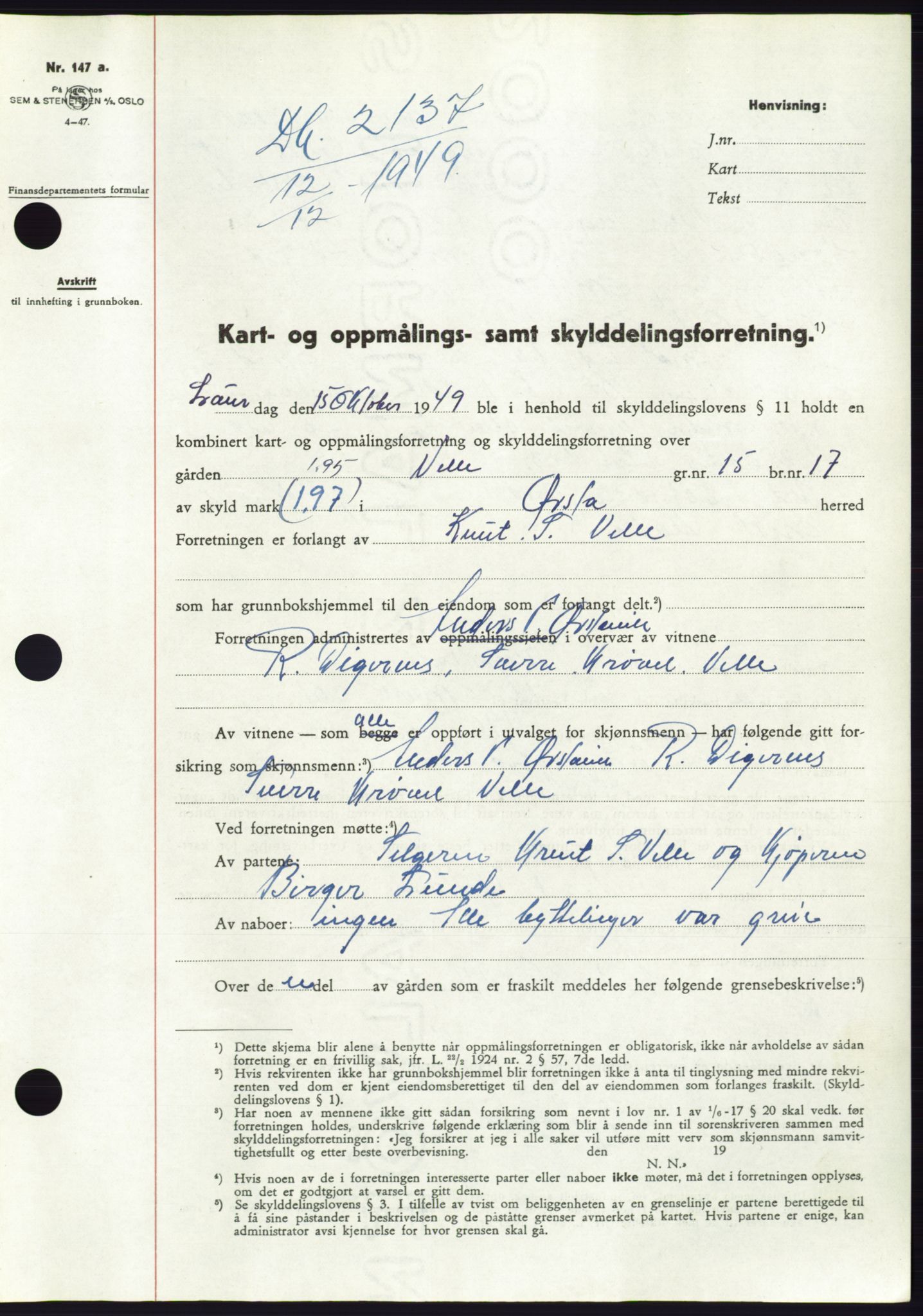 Søre Sunnmøre sorenskriveri, AV/SAT-A-4122/1/2/2C/L0085: Pantebok nr. 11A, 1949-1949, Dagboknr: 2137/1949