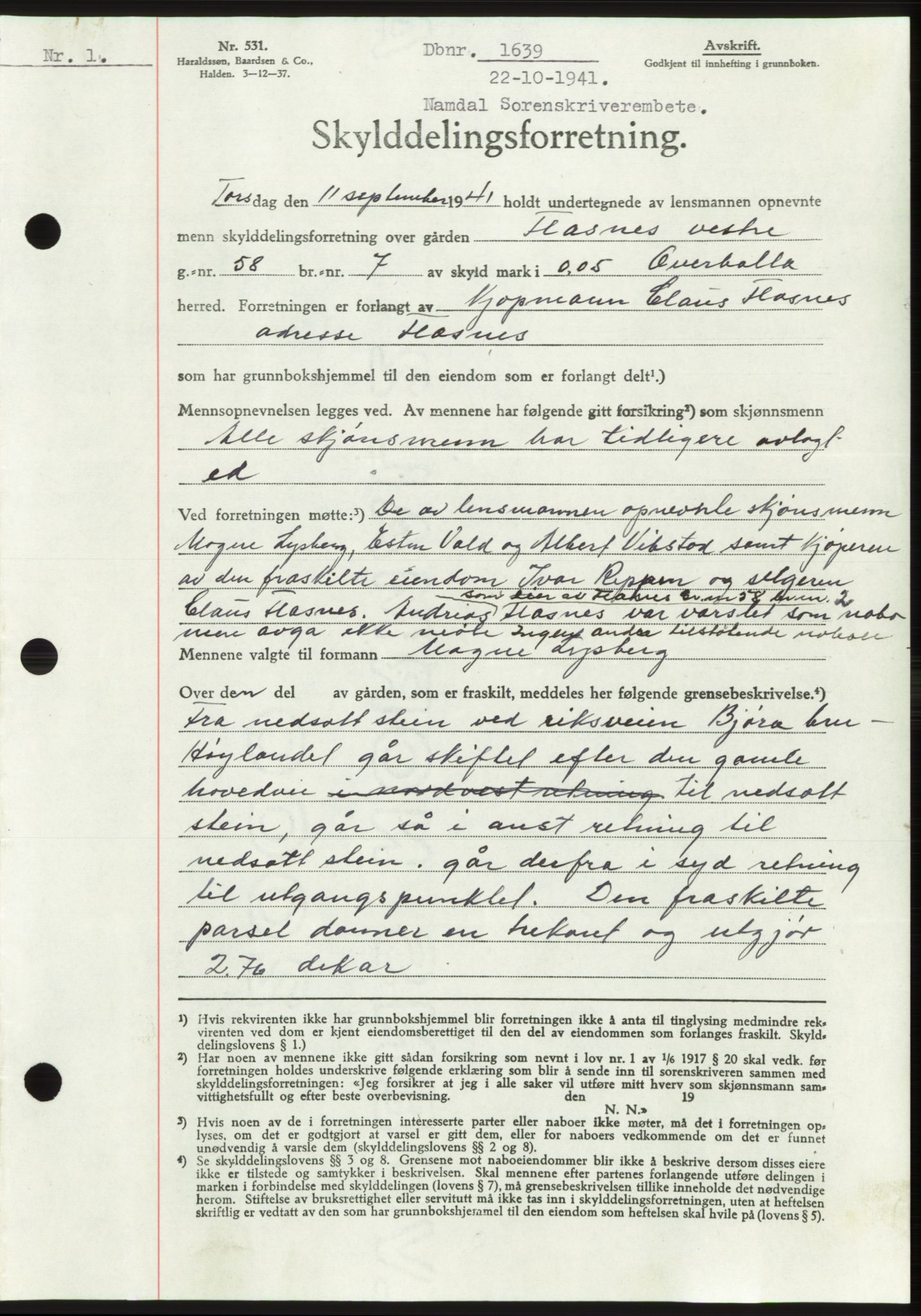 Namdal sorenskriveri, SAT/A-4133/1/2/2C: Pantebok nr. -, 1941-1942, Dagboknr: 1639/1941