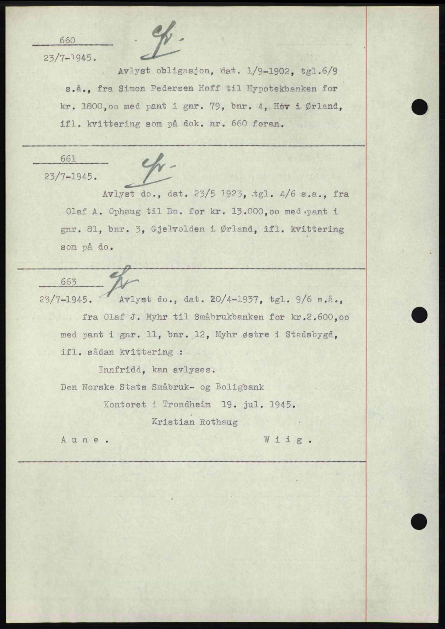 Fosen sorenskriveri, AV/SAT-A-1107/1/2/2C: Pantebok nr. B1, 1943-1946, Dagboknr: 660/1945