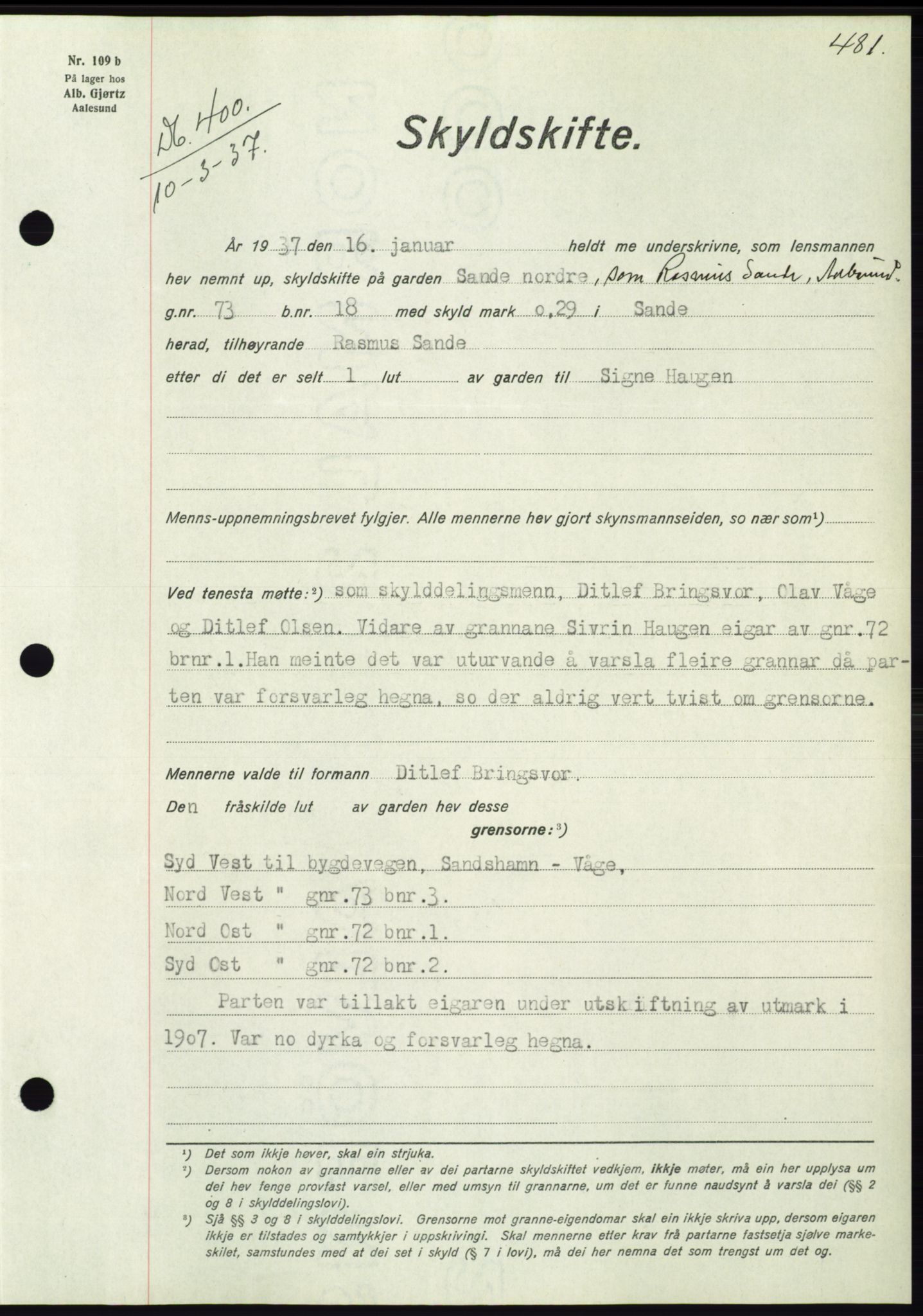 Søre Sunnmøre sorenskriveri, AV/SAT-A-4122/1/2/2C/L0062: Pantebok nr. 56, 1936-1937, Dagboknr: 400/1937