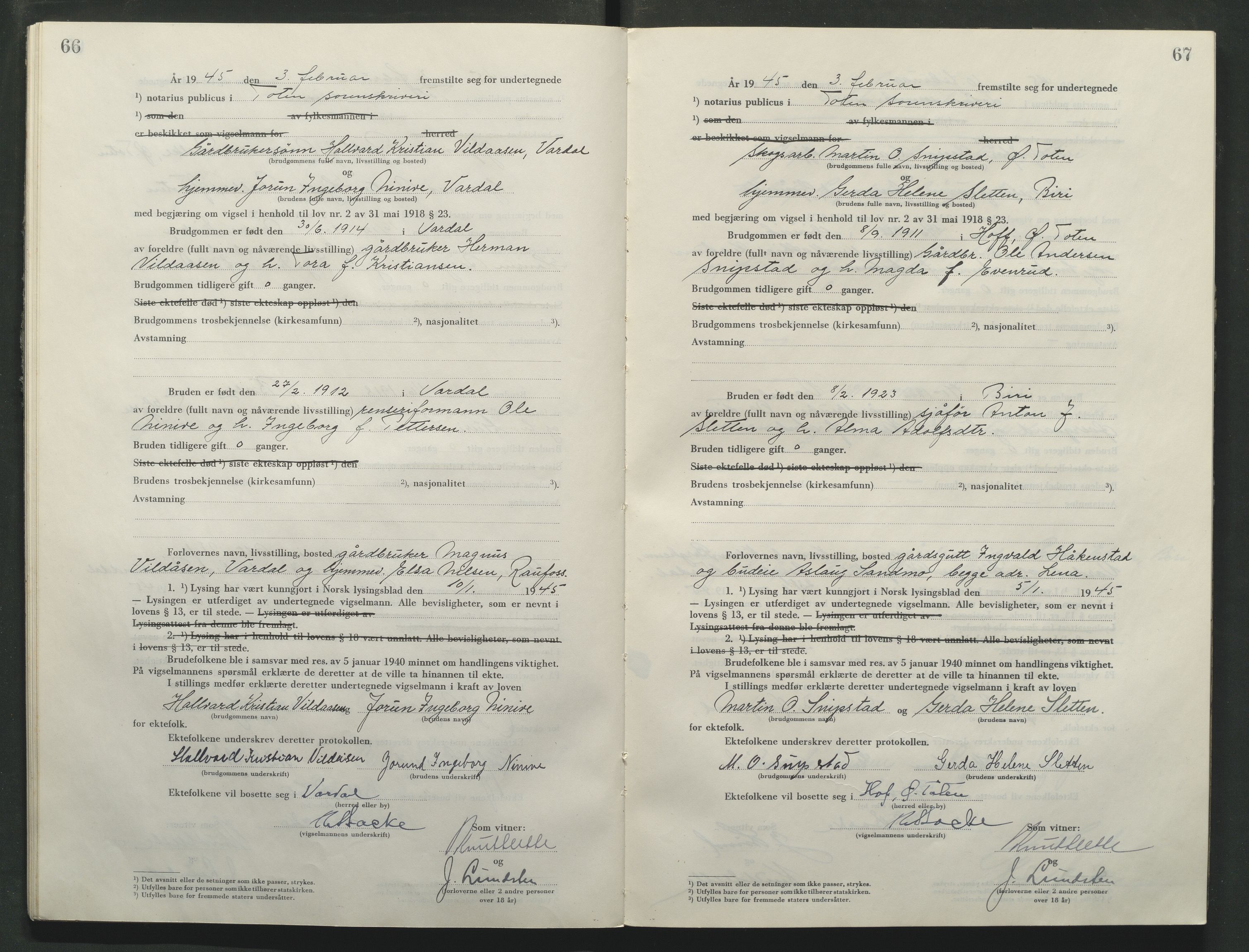 Toten tingrett, AV/SAH-TING-006/L/Lc/L0005: Vigselbok, 1944-1948, s. 66-67