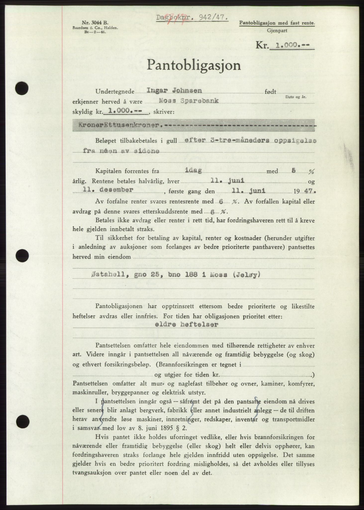 Moss sorenskriveri, SAO/A-10168: Pantebok nr. B17, 1947-1947, Dagboknr: 942/1947