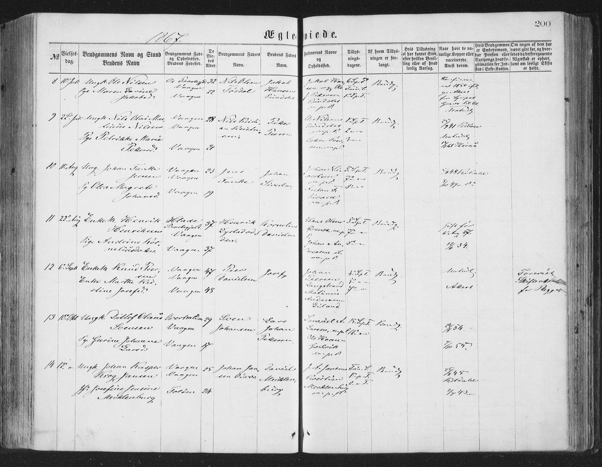 Ministerialprotokoller, klokkerbøker og fødselsregistre - Nordland, SAT/A-1459/874/L1057: Ministerialbok nr. 874A01, 1866-1877, s. 200