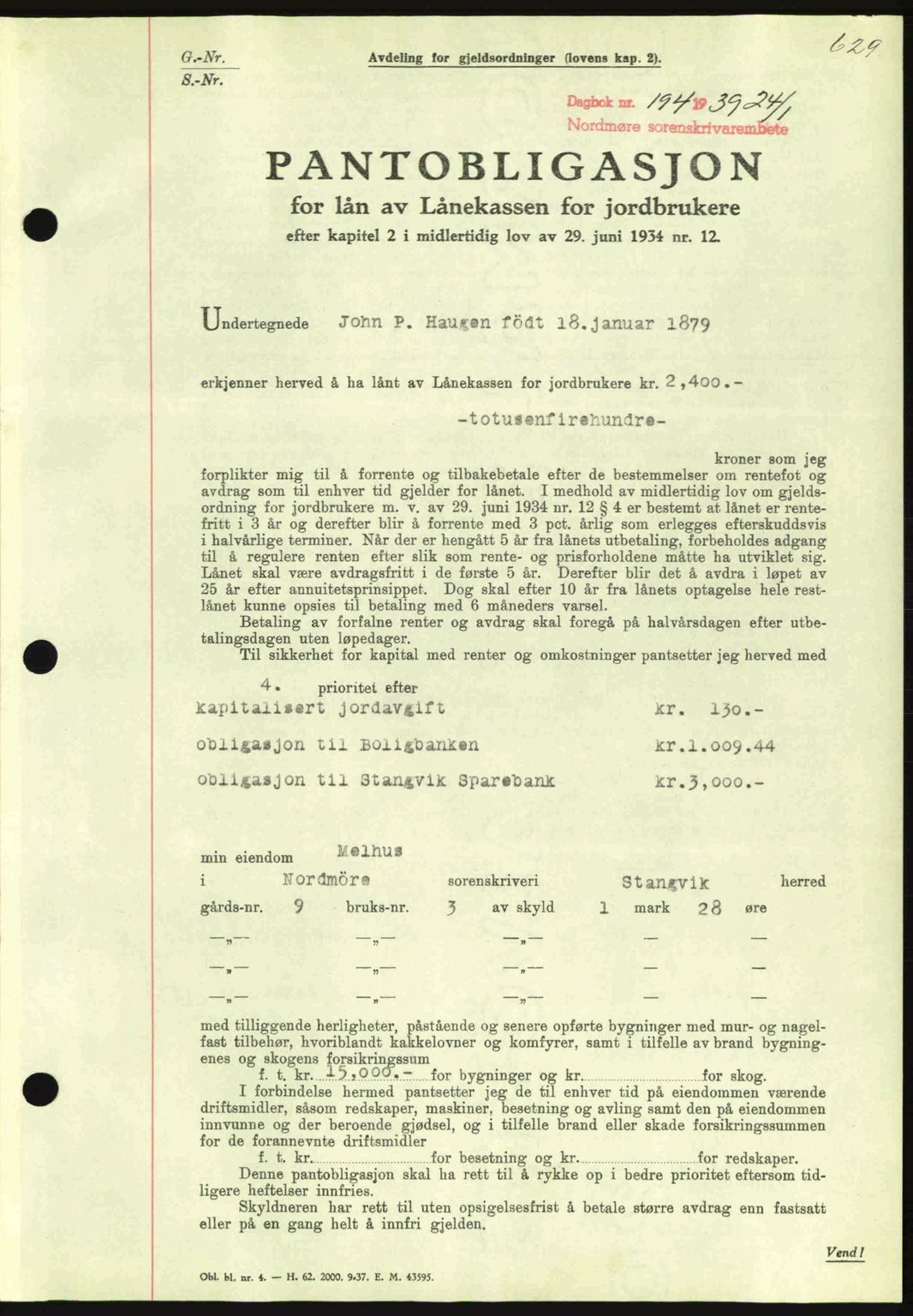 Nordmøre sorenskriveri, SAT/A-4132/1/2/2Ca: Pantebok nr. B84, 1938-1939, Dagboknr: 194/1939