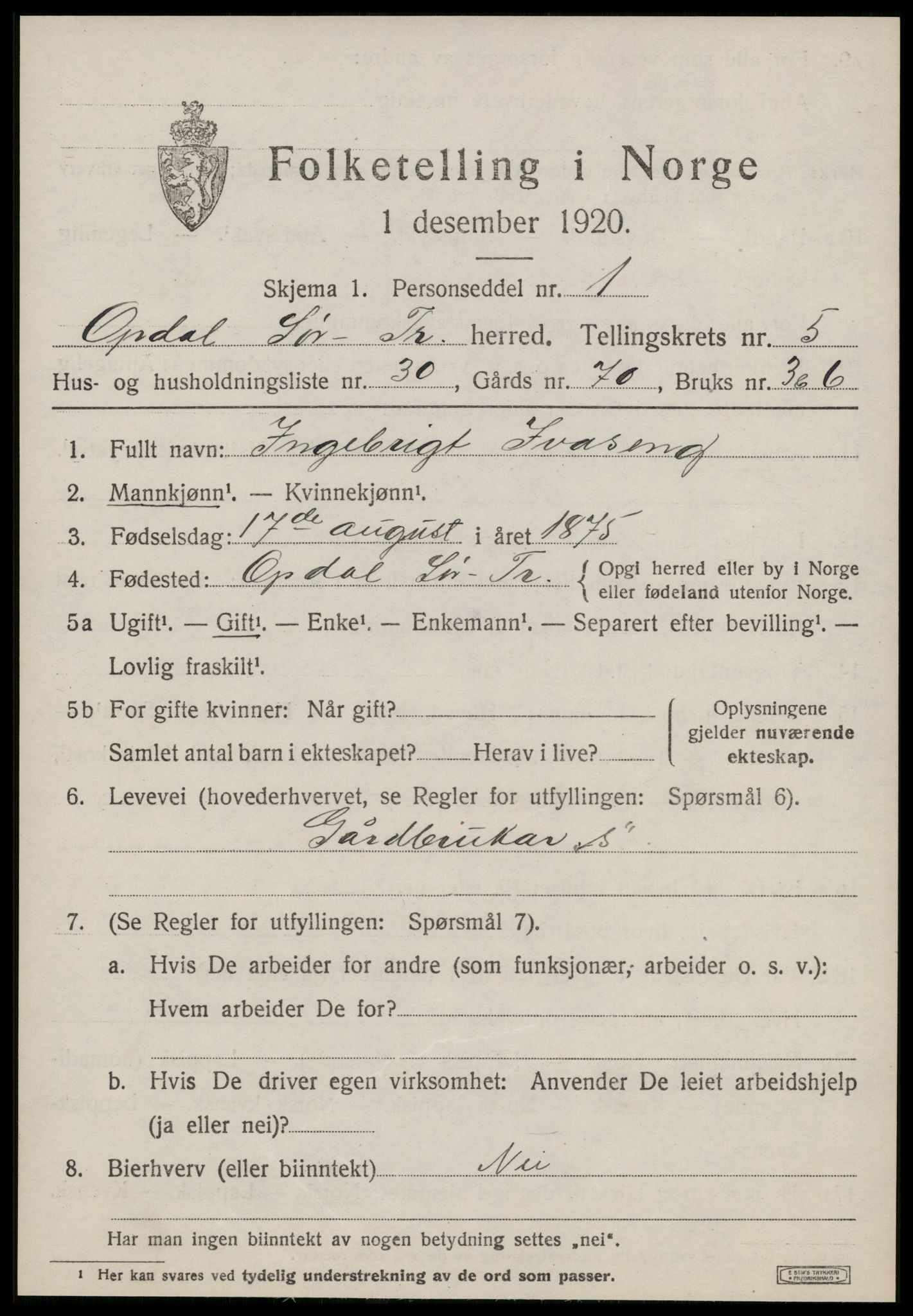 SAT, Folketelling 1920 for 1634 Oppdal herred, 1920, s. 5301