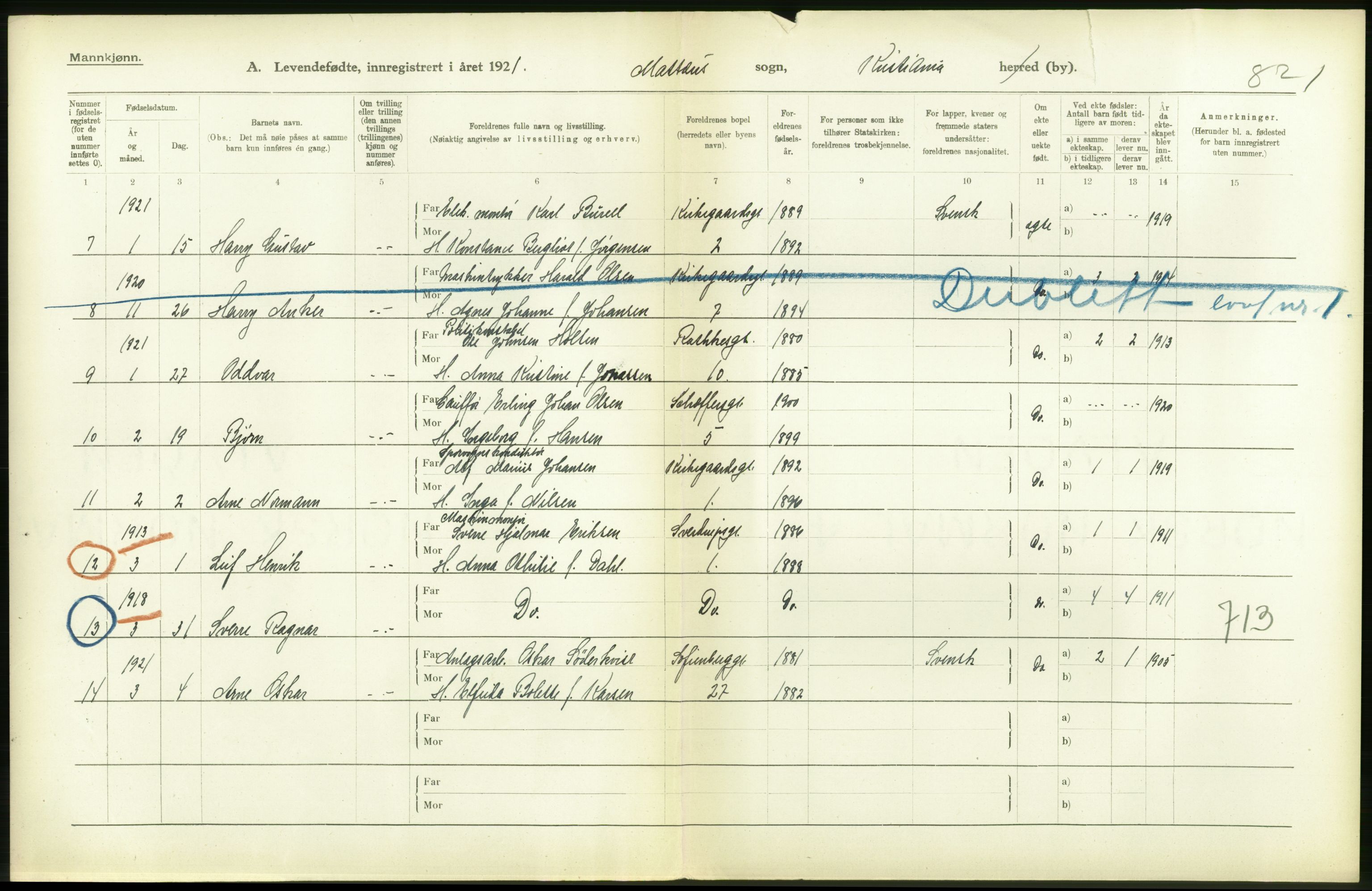 Statistisk sentralbyrå, Sosiodemografiske emner, Befolkning, AV/RA-S-2228/D/Df/Dfc/Dfca/L0008: Kristiania: Levendefødte menn og kvinner., 1921, s. 128