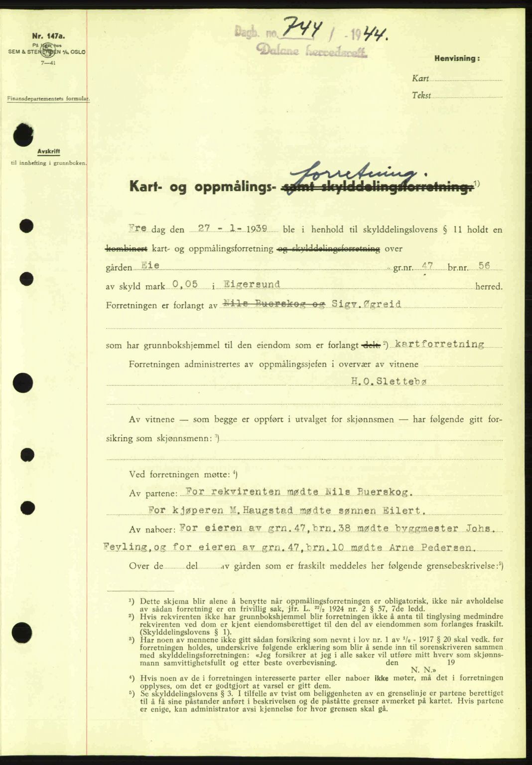 Dalane sorenskriveri, SAST/A-100309/02/G/Gb/L0047: Pantebok nr. A8 I, 1944-1945, Dagboknr: 744/1944