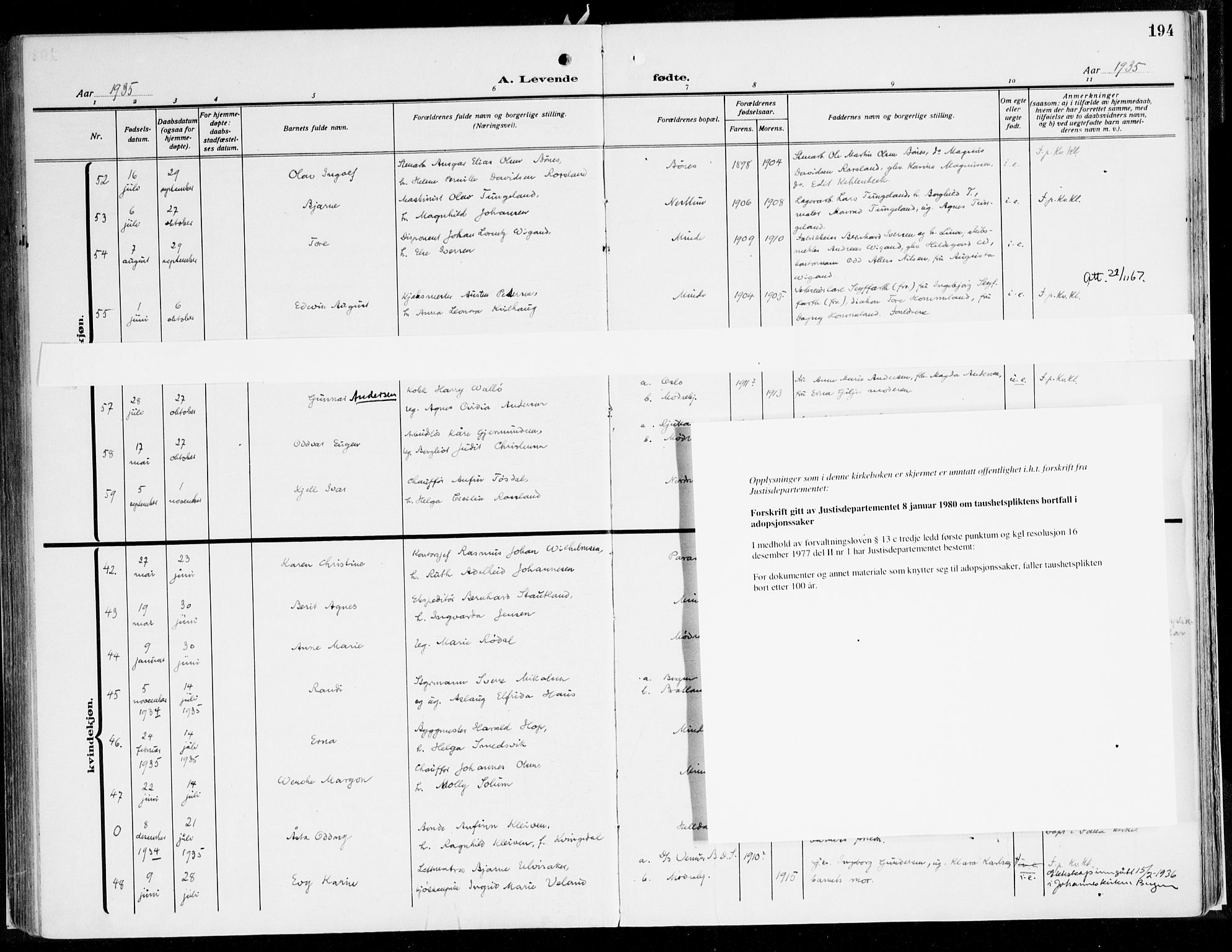 Fana Sokneprestembete, AV/SAB-A-75101/H/Haa/Haaj/L0001: Ministerialbok nr. J 1, 1921-1935, s. 194