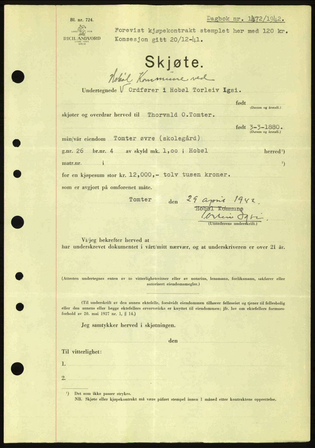 Moss sorenskriveri, SAO/A-10168: Pantebok nr. A10, 1942-1943, Dagboknr: 1472/1942