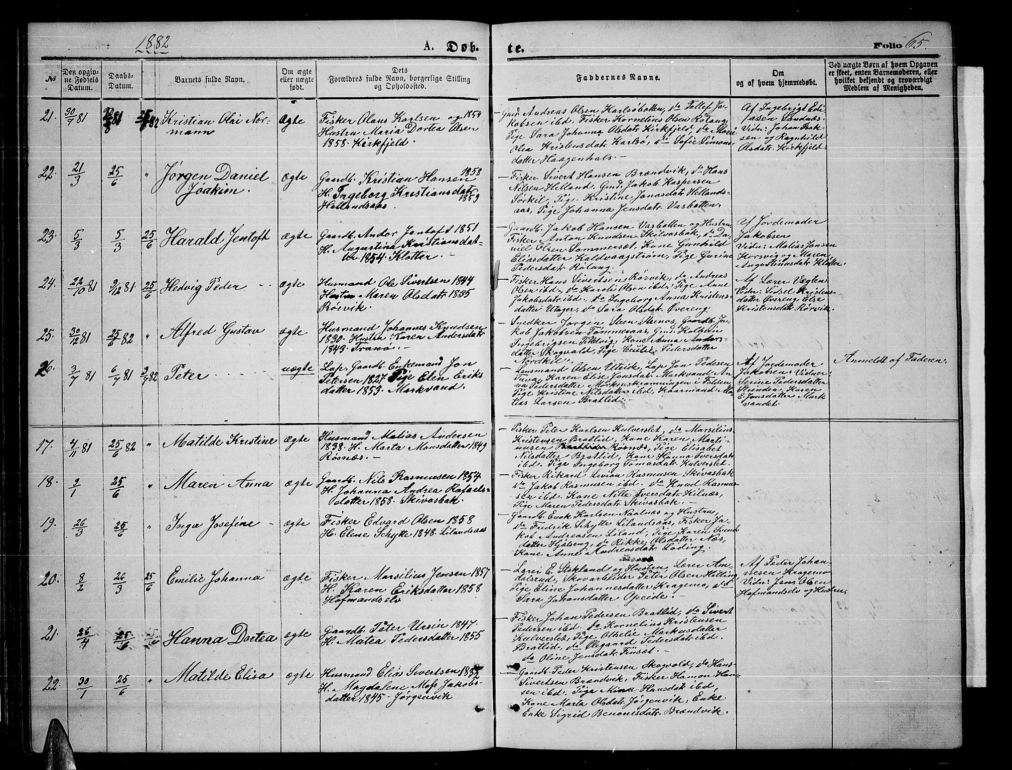 Ministerialprotokoller, klokkerbøker og fødselsregistre - Nordland, AV/SAT-A-1459/859/L0858: Klokkerbok nr. 859C04, 1873-1886, s. 65