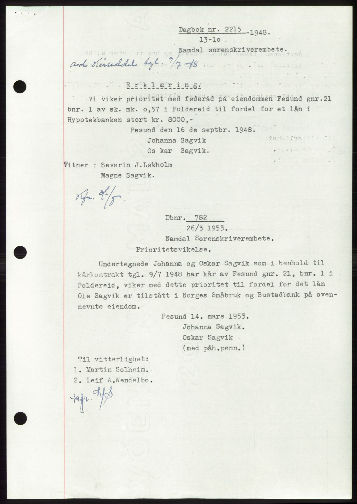 Namdal sorenskriveri, SAT/A-4133/1/2/2C: Pantebok nr. -, 1948-1948, Dagboknr: 782/1948