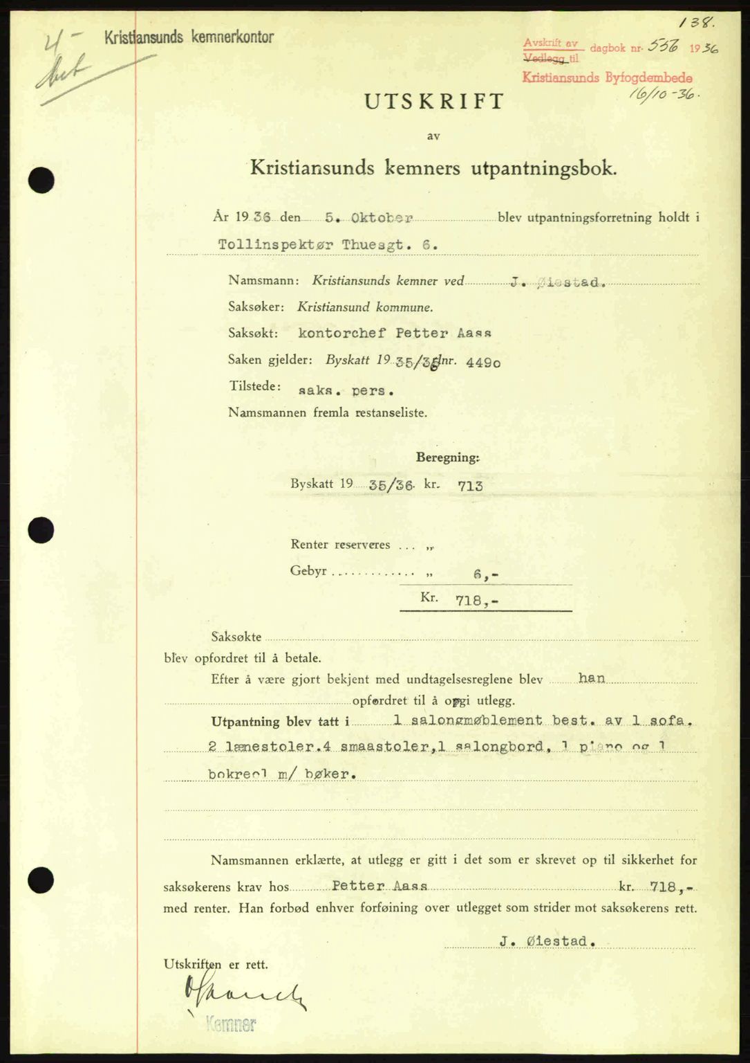 Kristiansund byfogd, SAT/A-4587/A/27: Pantebok nr. 29, 1936-1937, Dagboknr: 556/1936