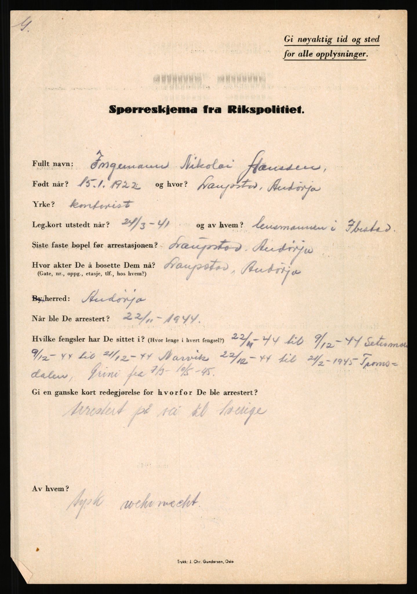 Rikspolitisjefen, AV/RA-S-1560/L/L0006: Hansen, Adolf Boye - Hemstad, Gunnar, 1940-1945, s. 239