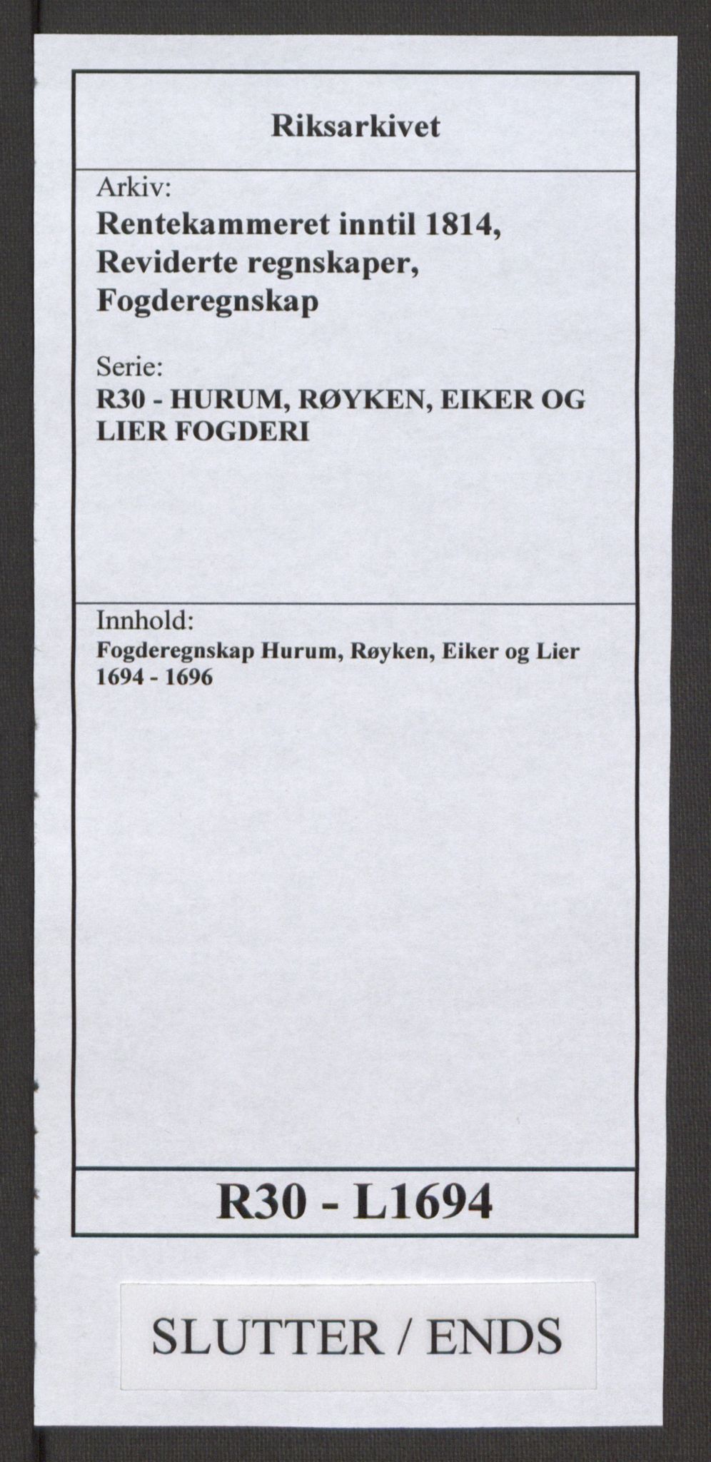 Rentekammeret inntil 1814, Reviderte regnskaper, Fogderegnskap, AV/RA-EA-4092/R30/L1694: Fogderegnskap Hurum, Røyken, Eiker og Lier, 1694-1696, s. 438