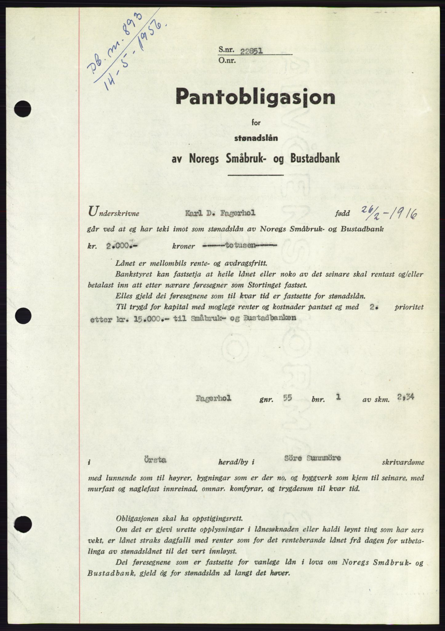 Søre Sunnmøre sorenskriveri, SAT/A-4122/1/2/2C/L0128: Pantebok nr. 16B, 1956-1956, Dagboknr: 893/1956