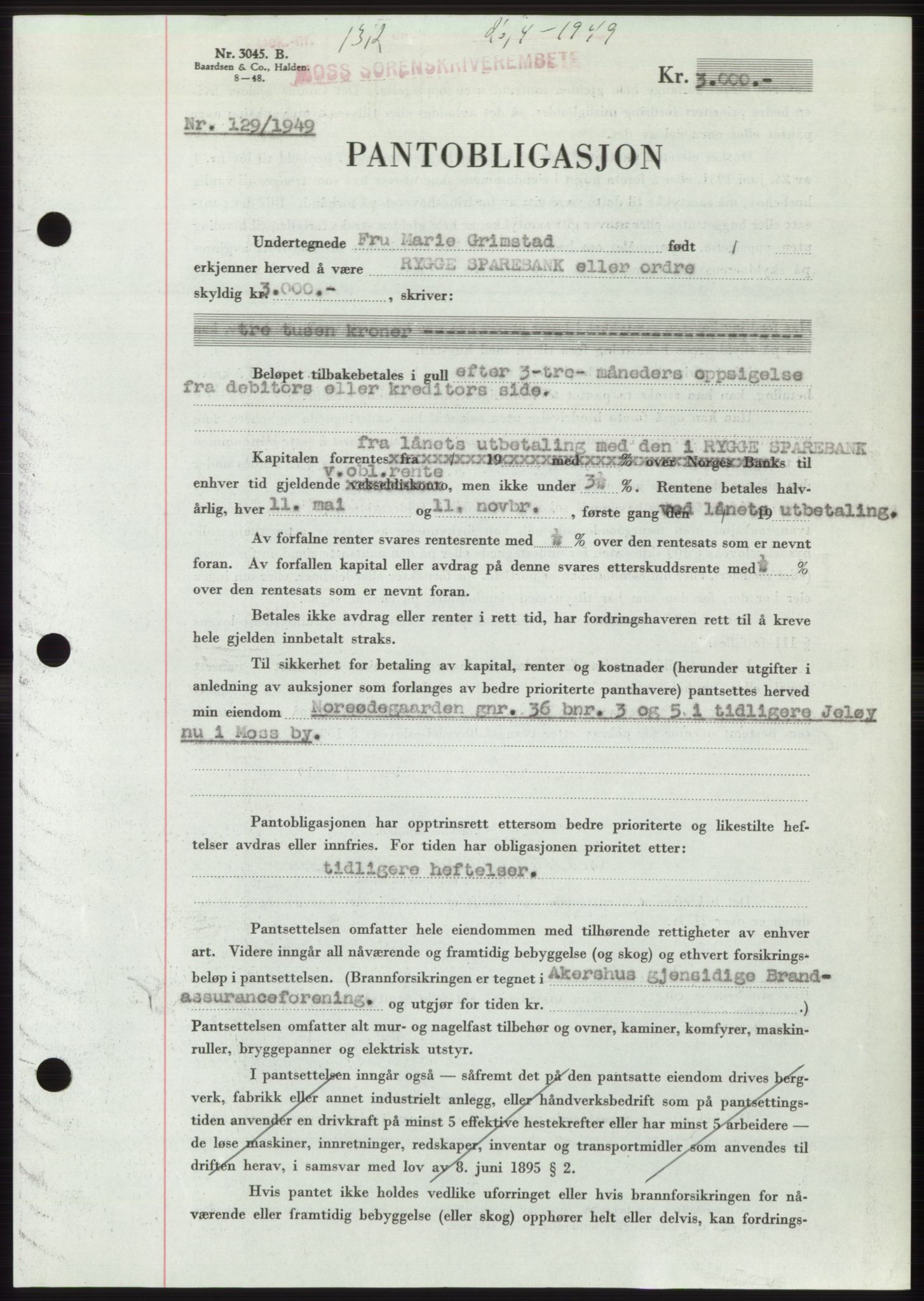 Moss sorenskriveri, SAO/A-10168: Pantebok nr. B21, 1949-1949, Dagboknr: 1312/1949