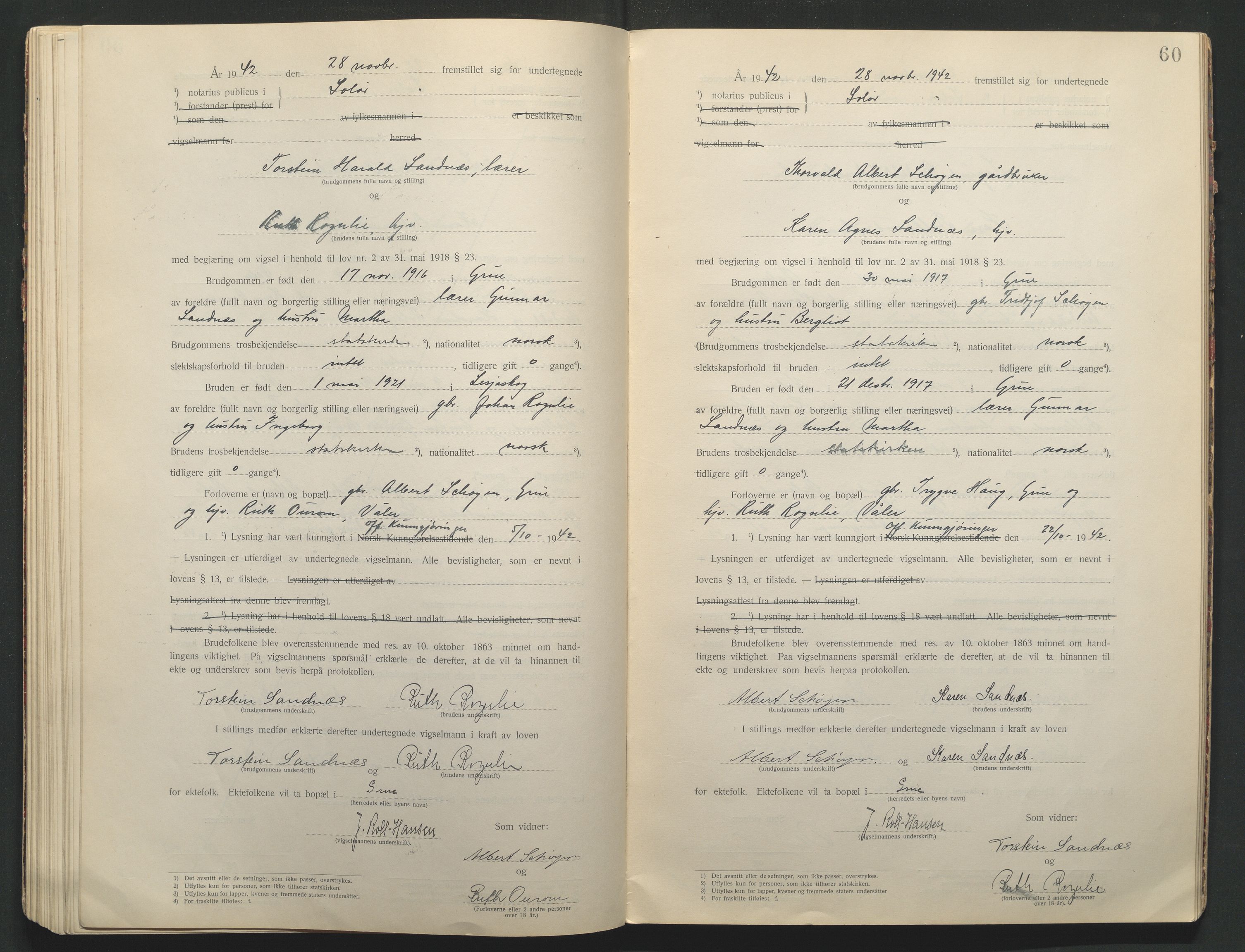 Solør tingrett, AV/SAH-TING-008/L/Lb/L0001: Vigselprotokoll, 1920-1943, s. 60