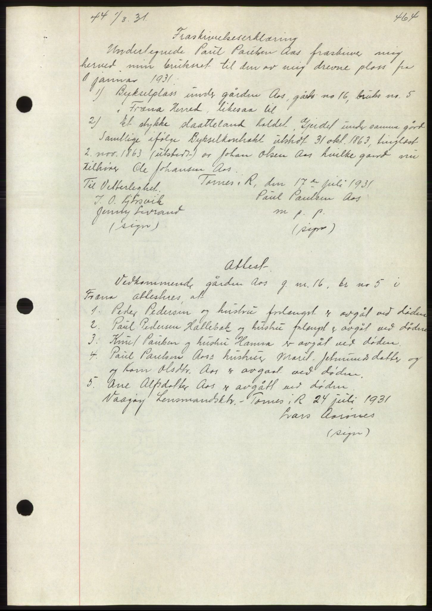 Romsdal sorenskriveri, AV/SAT-A-4149/1/2/2C/L0059: Pantebok nr. 53, 1931-1931, Tingl.dato: 01.08.1931