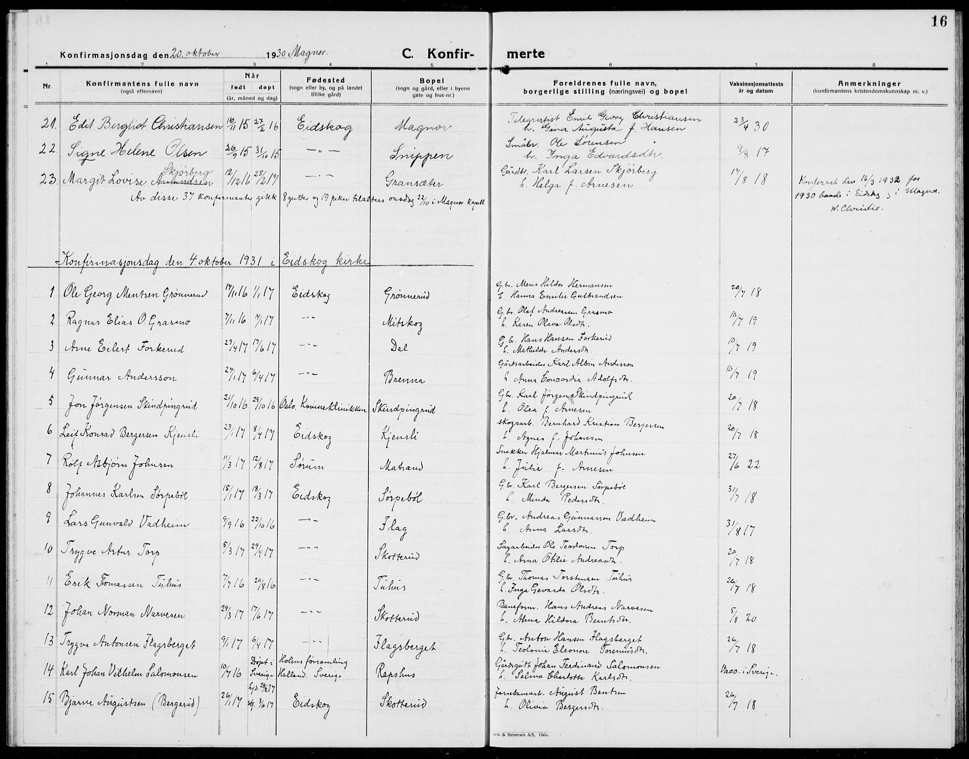 Eidskog prestekontor, SAH/PREST-026/H/Ha/Hab/L0007: Klokkerbok nr. 7, 1925-1938, s. 16