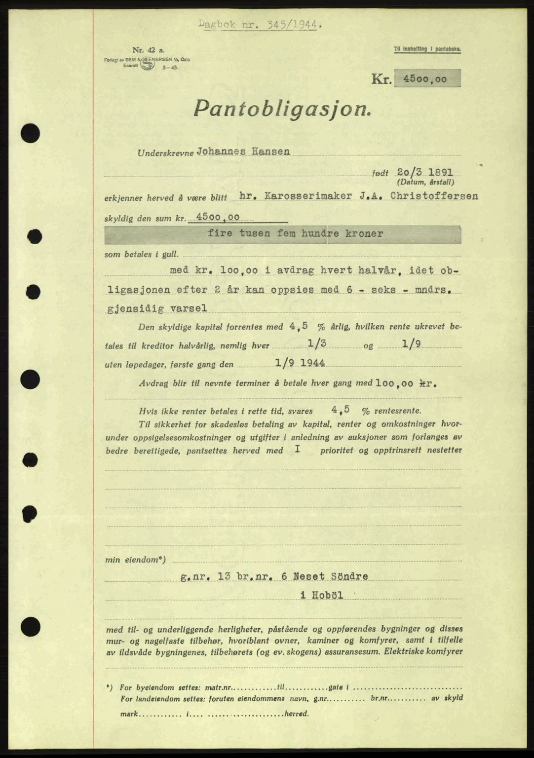 Moss sorenskriveri, SAO/A-10168: Pantebok nr. B13, 1943-1945, Dagboknr: 345/1944