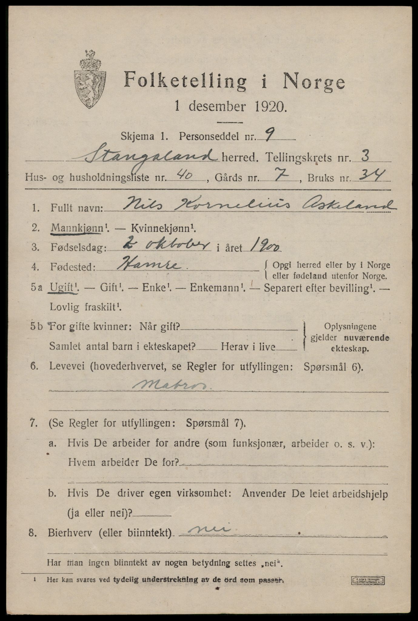 SAST, Folketelling 1920 for 1148 Stangaland herred, 1920, s. 2803