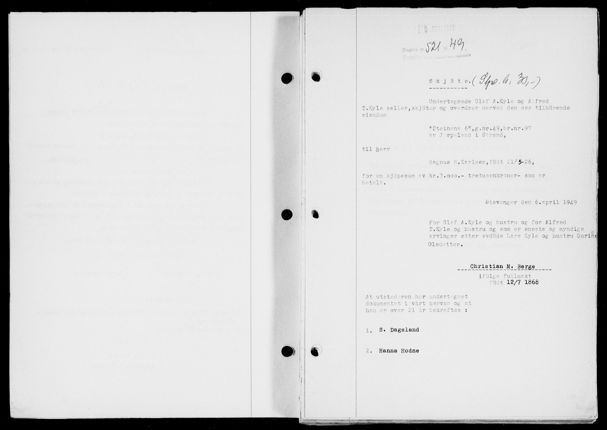 Ryfylke tingrett, SAST/A-100055/001/II/IIB/L0104: Pantebok nr. 83, 1948-1949, Dagboknr: 521/1949