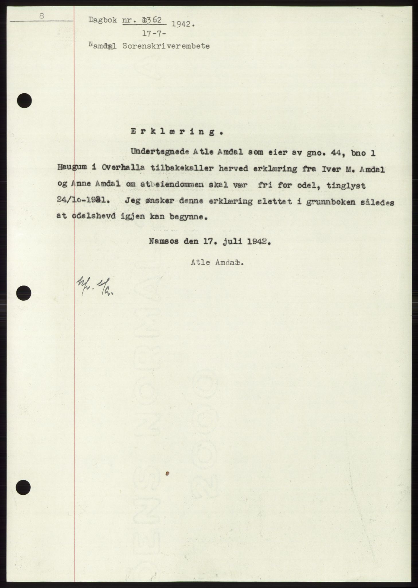 Namdal sorenskriveri, SAT/A-4133/1/2/2C: Pantebok nr. -, 1942-1943, Dagboknr: 1362/1942