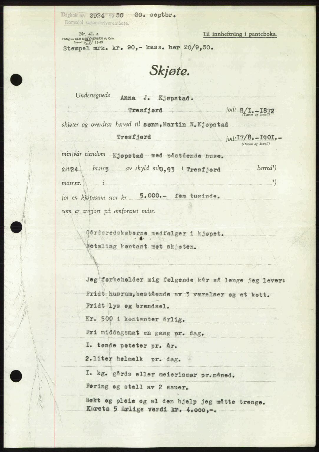 Romsdal sorenskriveri, AV/SAT-A-4149/1/2/2C: Pantebok nr. A34, 1950-1950, Dagboknr: 2924/1950