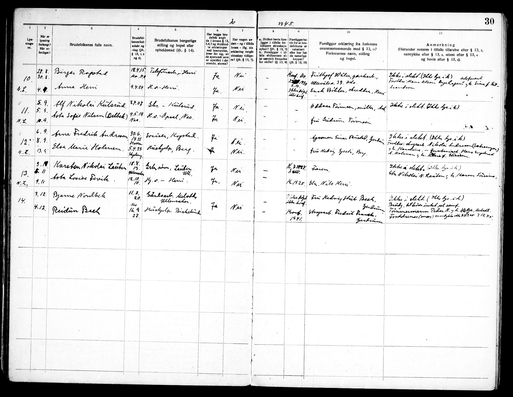 Gjerdrum prestekontor Kirkebøker, AV/SAO-A-10412b/H/Ha/L0001: Lysningsprotokoll nr. 1, 1920-1969, s. 30