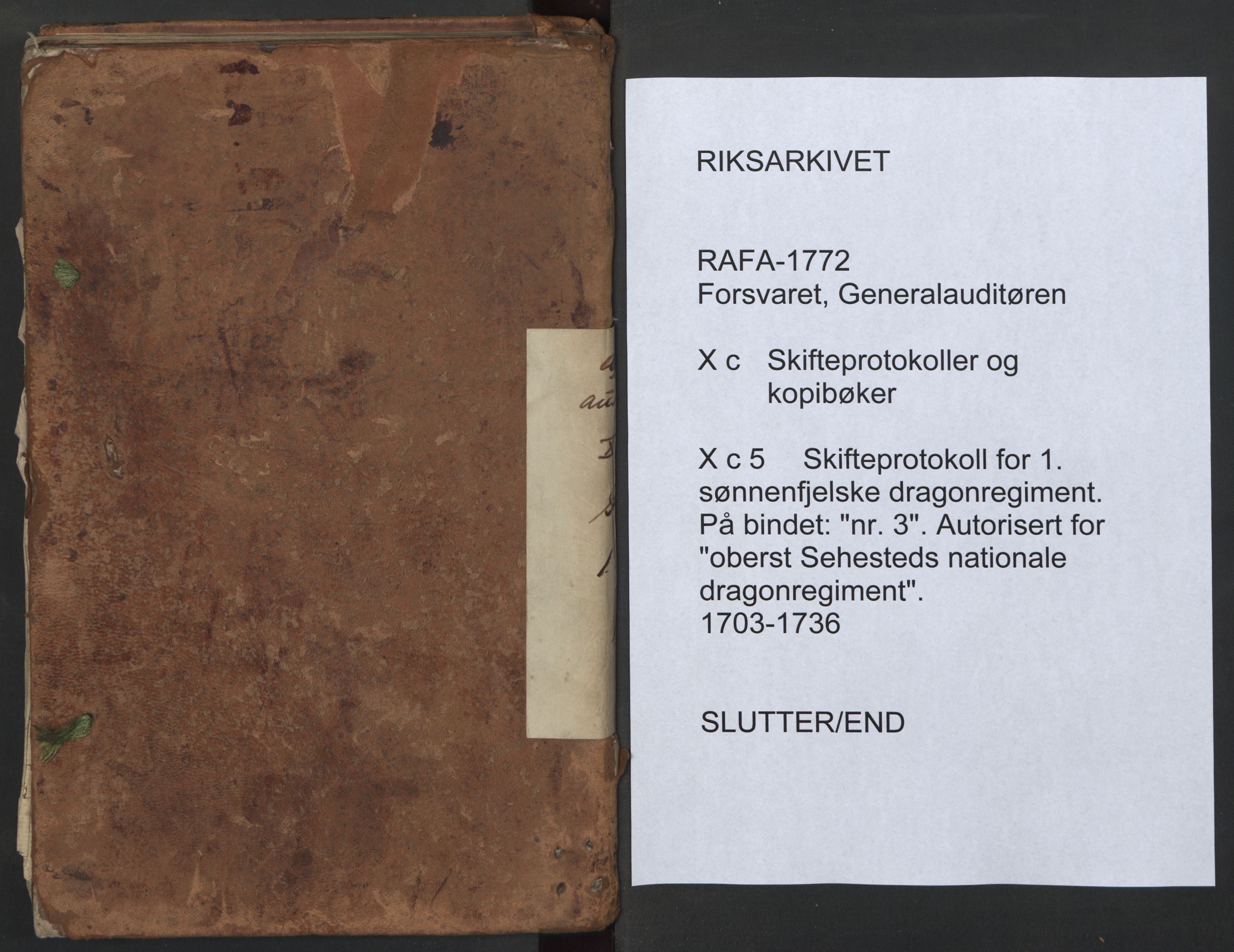 Forsvaret, Generalauditøren, AV/RA-RAFA-1772/F/Fj/Fjc/L0005: Skifteprotokol for 1ste søndenfjeldske dragonregiment, 1703-1736