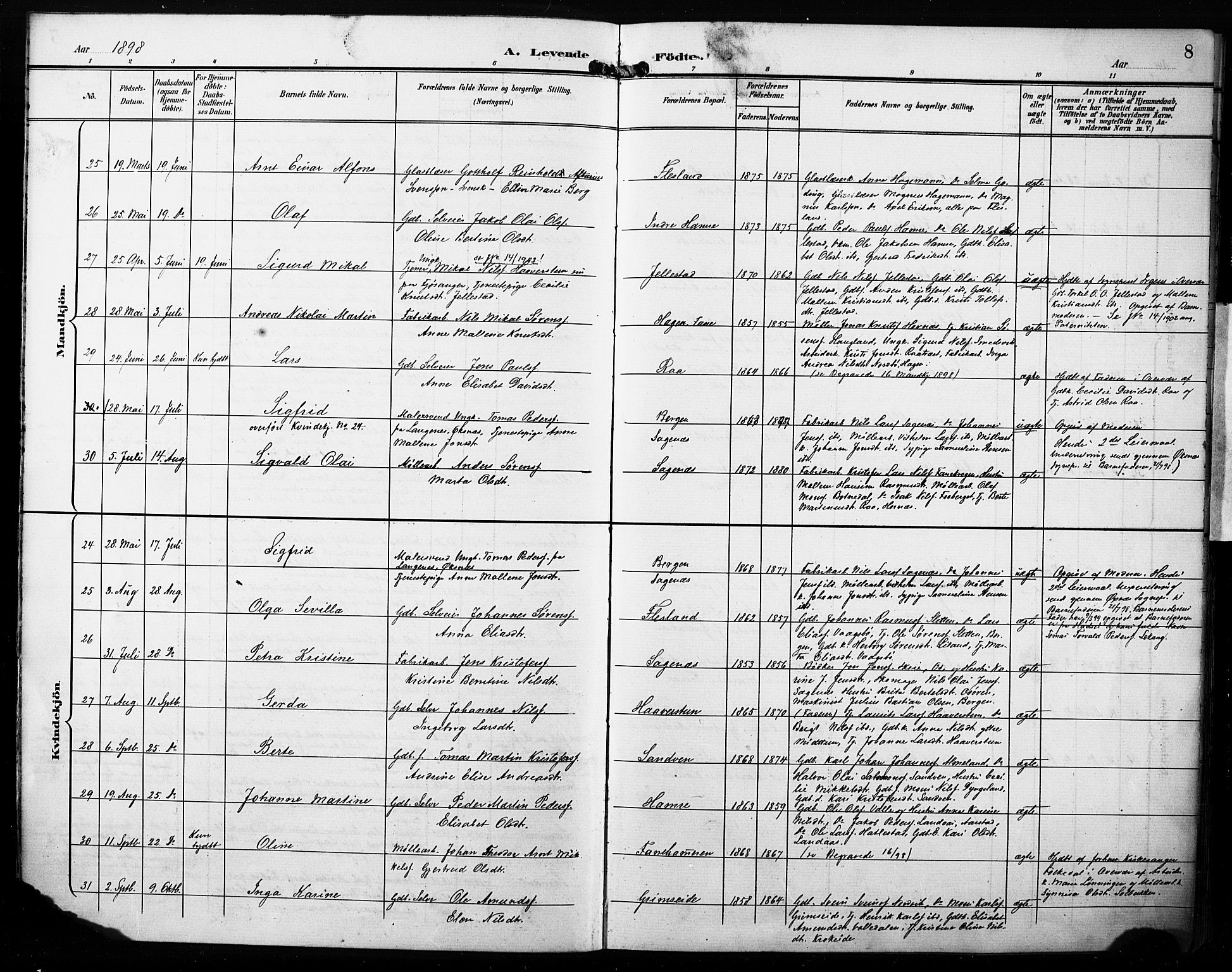 Fana Sokneprestembete, AV/SAB-A-75101/H/Haa/Haab/L0003: Ministerialbok nr. B 3, 1898-1907, s. 8