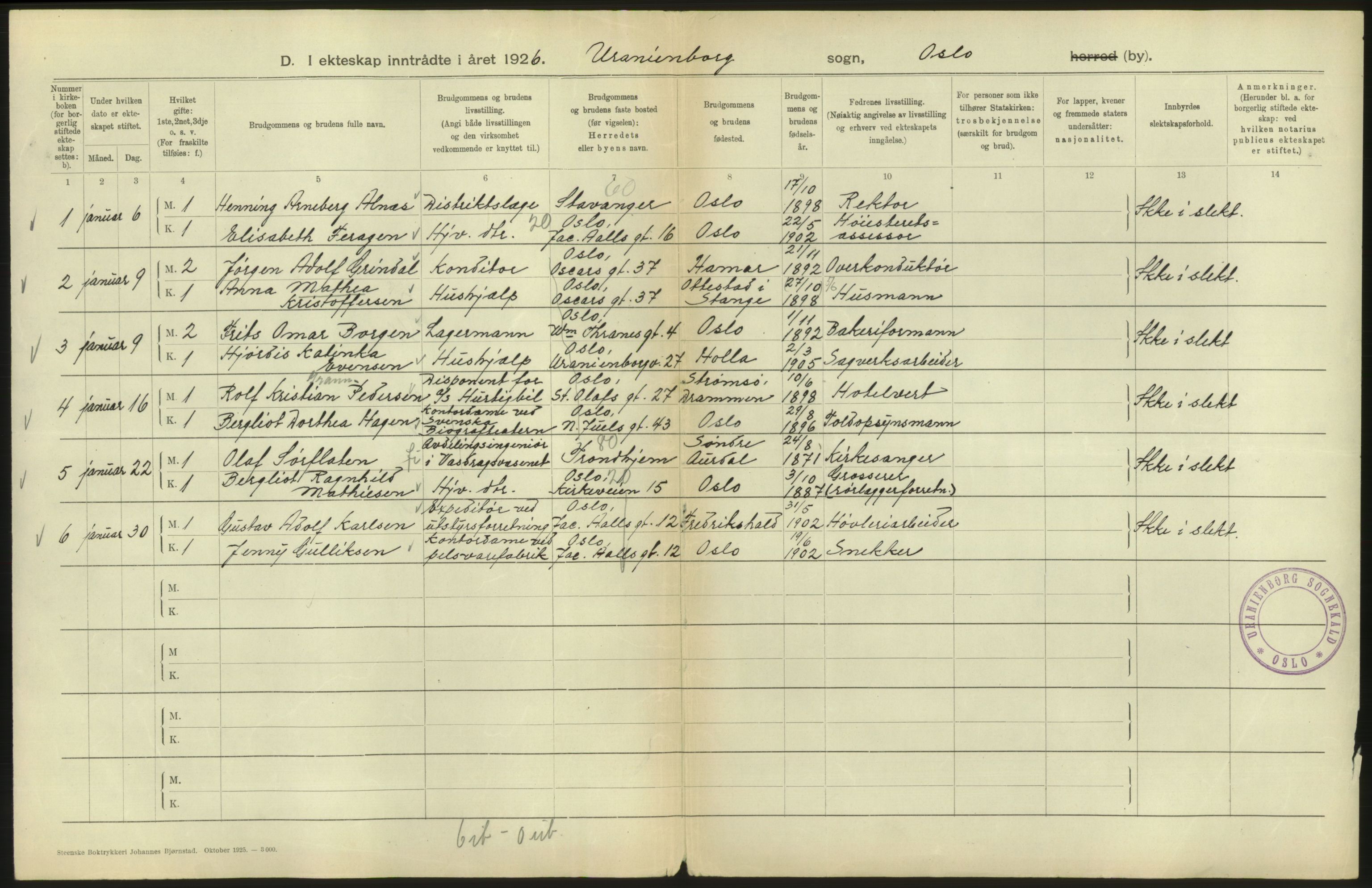 Statistisk sentralbyrå, Sosiodemografiske emner, Befolkning, AV/RA-S-2228/D/Df/Dfc/Dfcf/L0008: Oslo: Gifte, 1926, s. 164